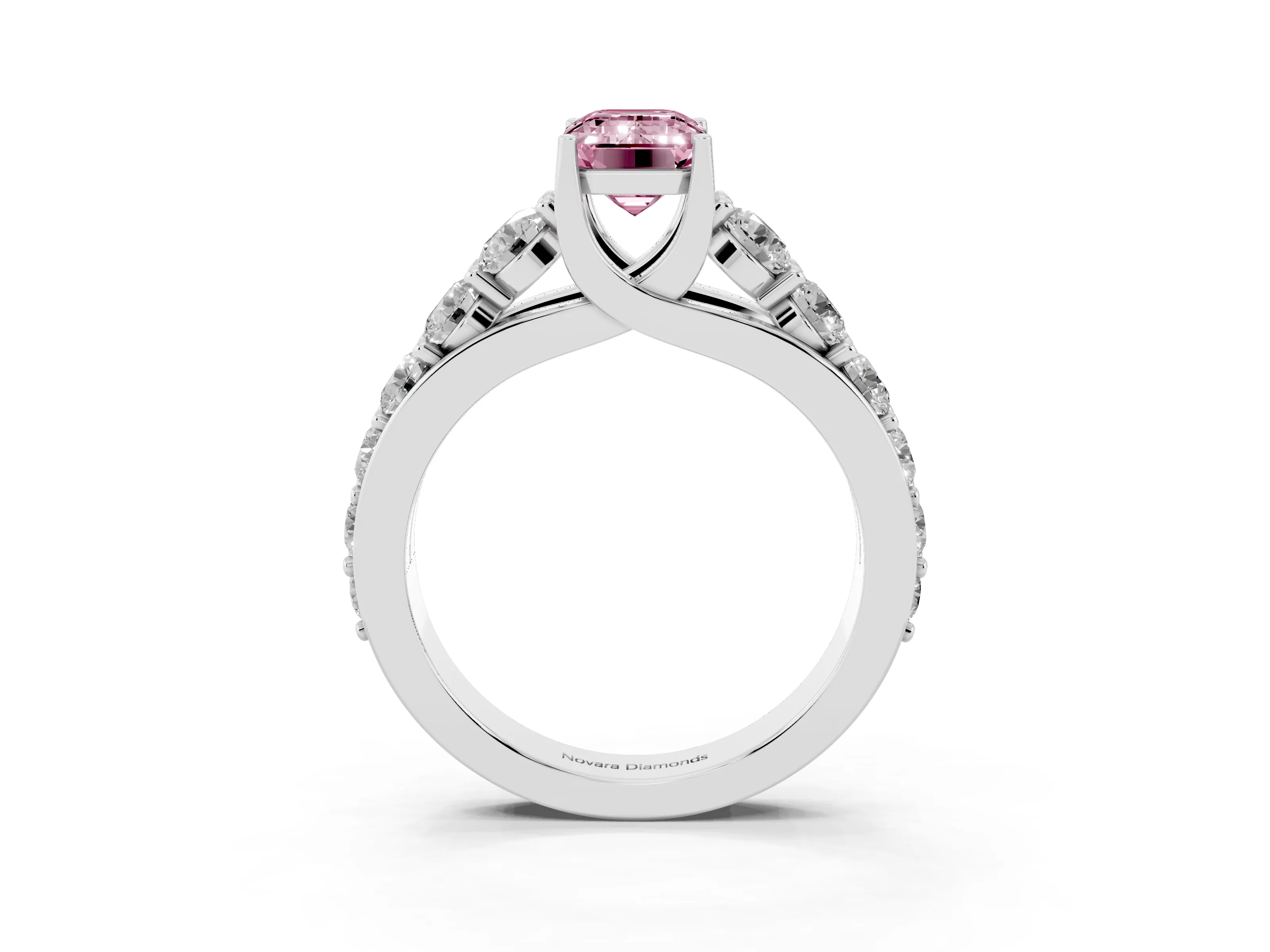 Fancy Pink Emerald Cut Diamond Pavé Engagement Ring Set in Silver with Prong Setting