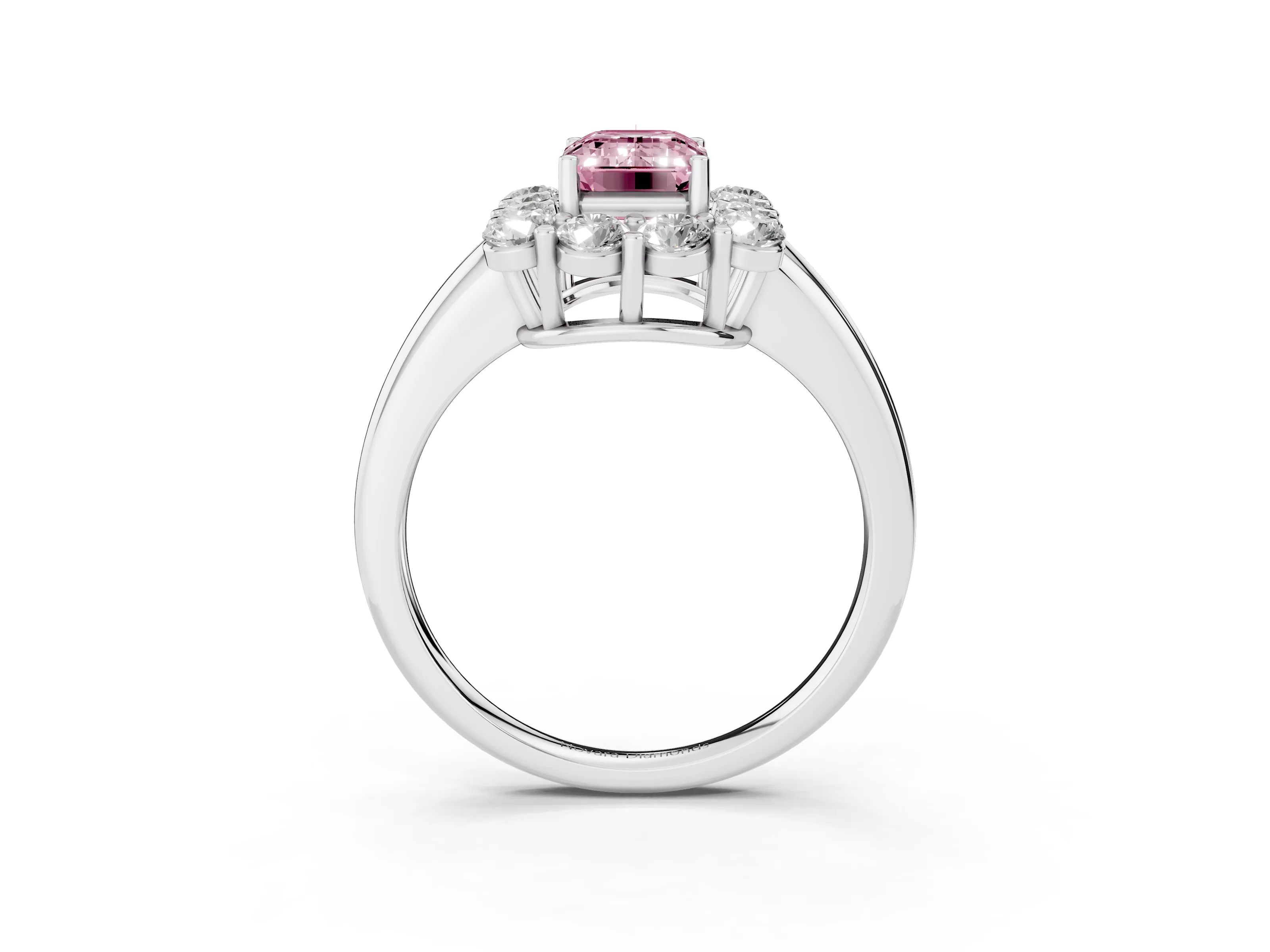 Fancy Pink Emerald Cut Diamond Halo Cluster Engagement Ring Set in White gold with Polished Band and Prong Setting