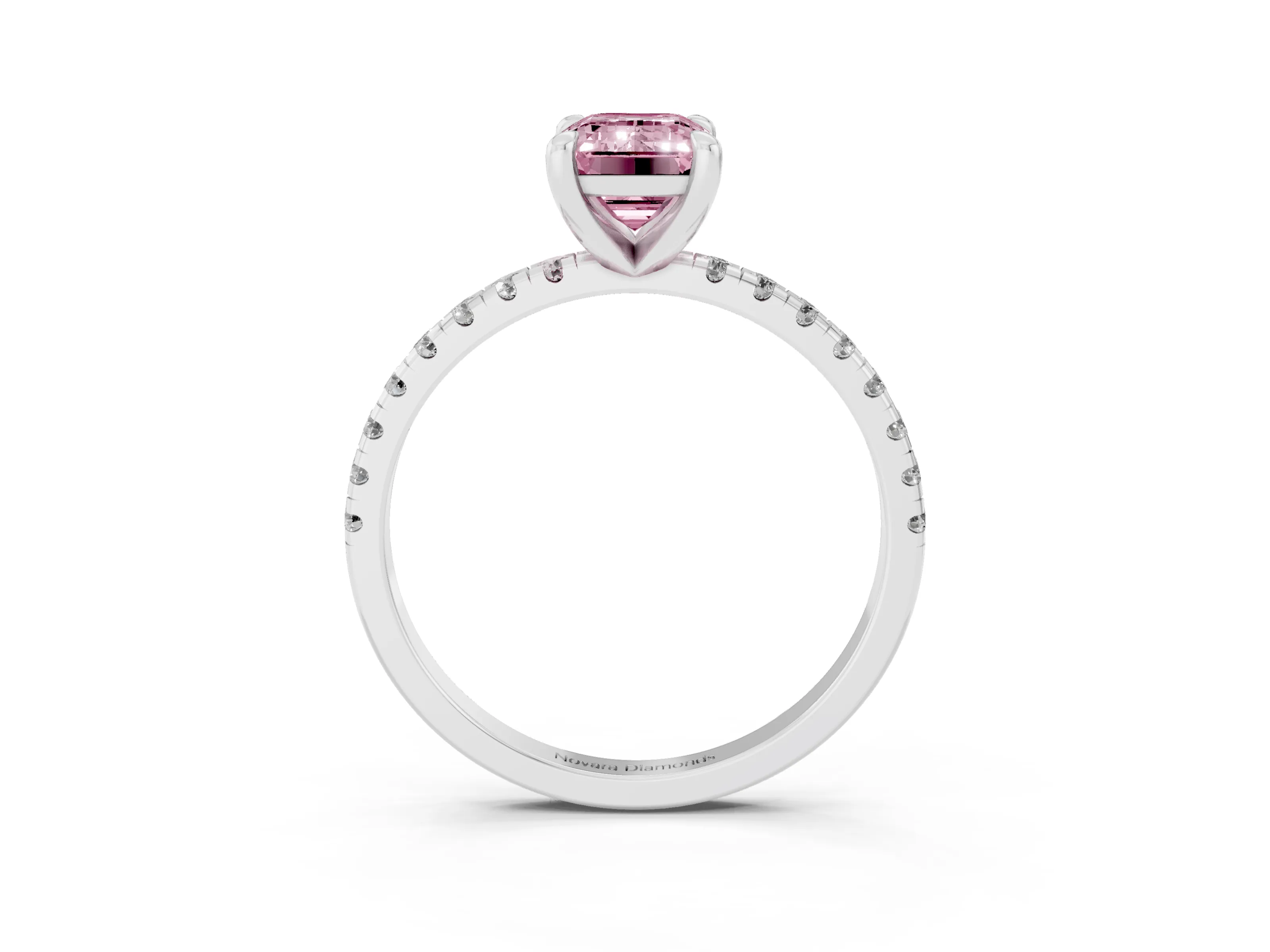 Fancy Pink Emerald Cut Diamond Brilliant Solitaire Ring Set in White gold with Pavé Band and Prong Setting