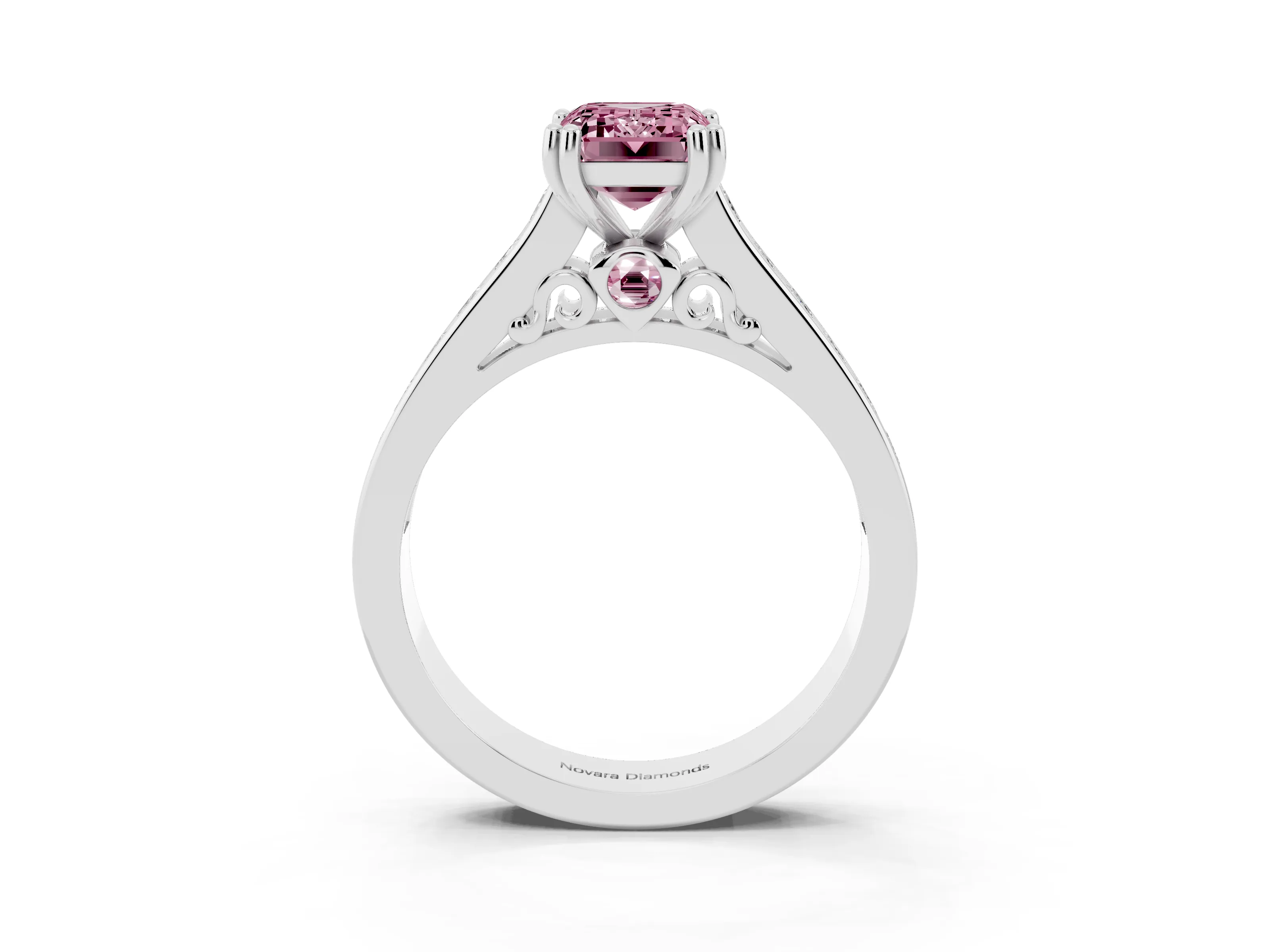 Fancy Pink Emerald Cut Diamond Channel Set Solitaire Engagement Ring Set in Silver with Prong Setting