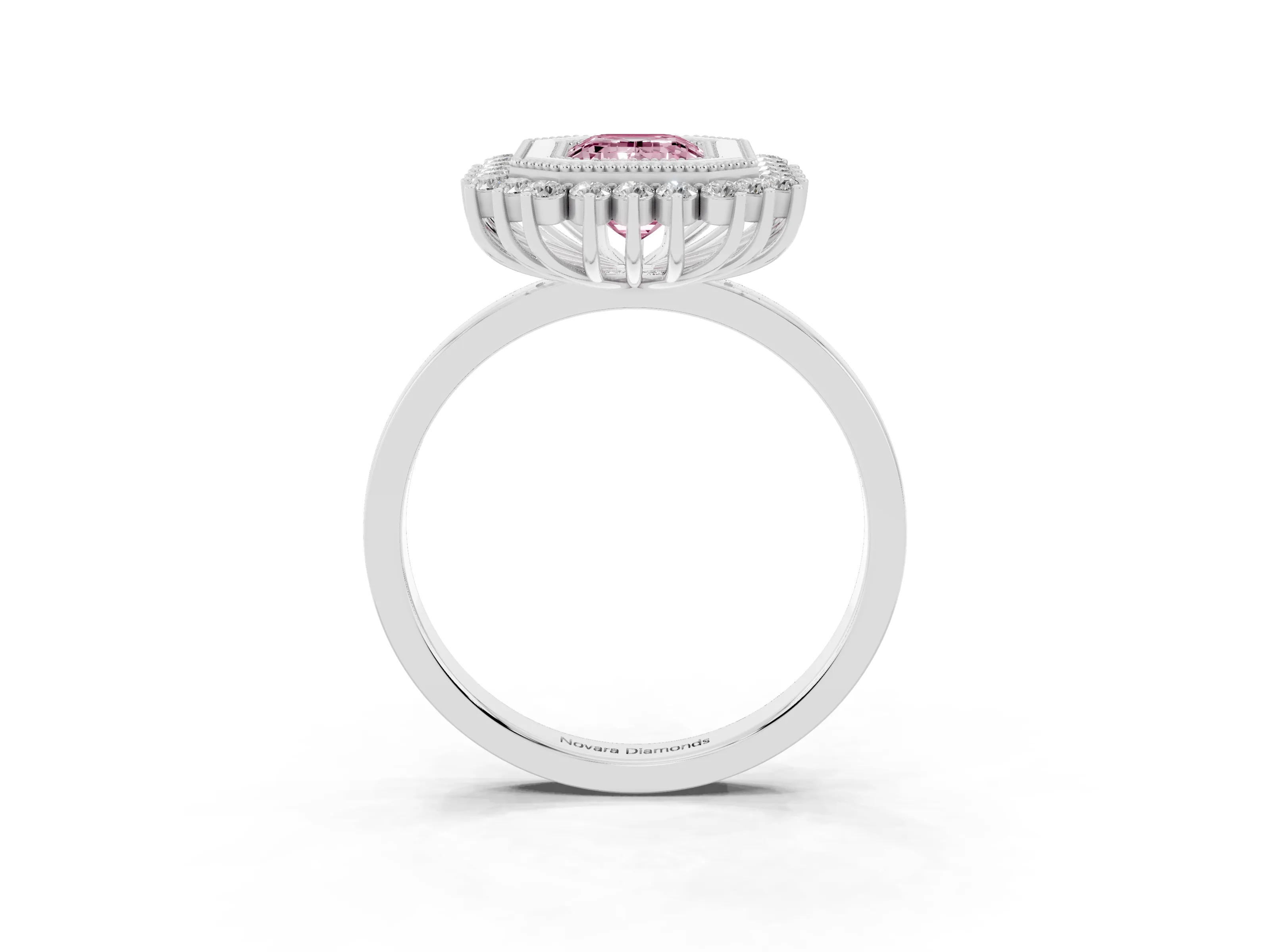 Fancy Pink Emerald Cut Diamond Halo Ring Set in Silver with Milgrain Edge and Round Prong Setting