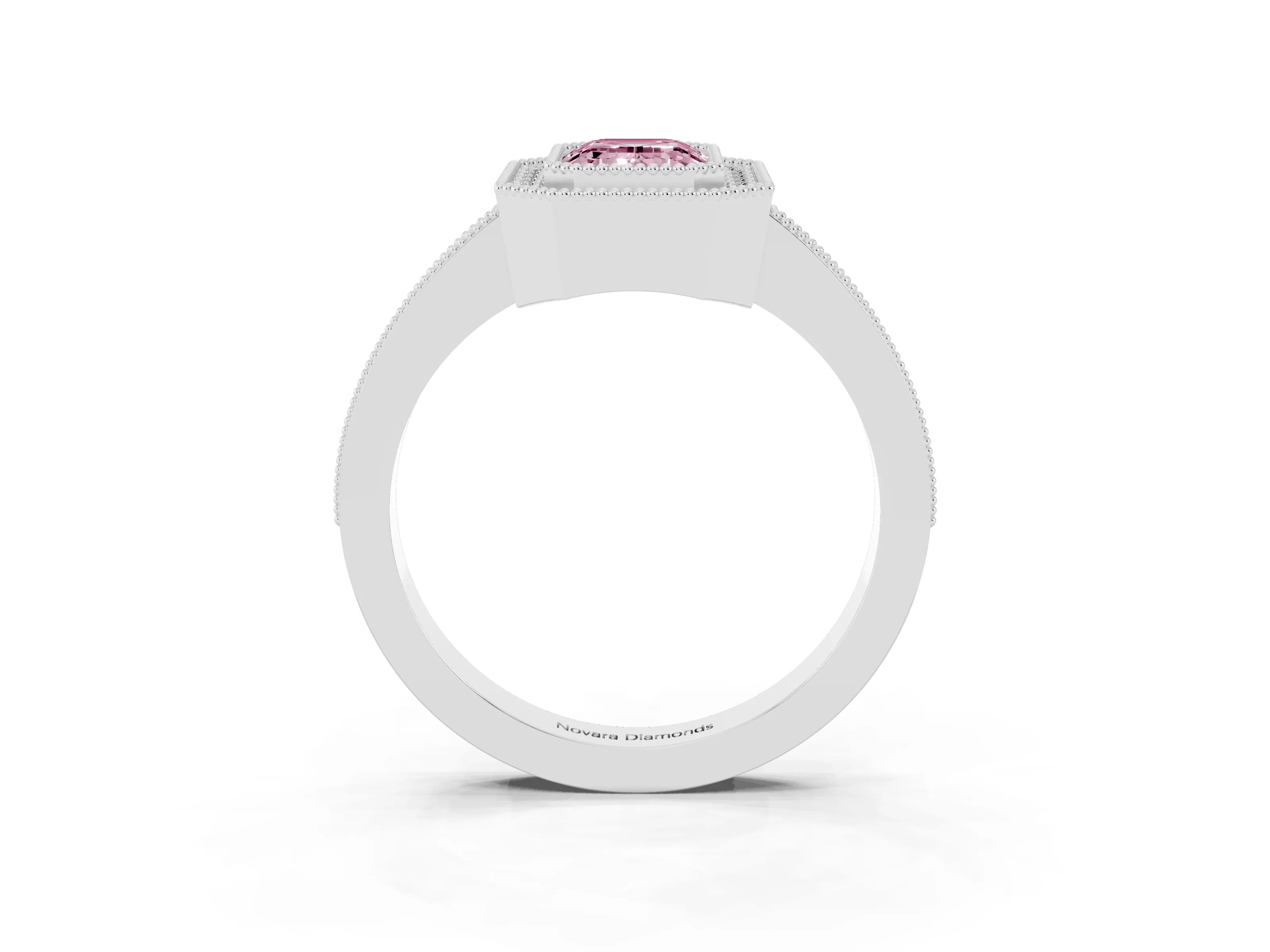 Fancy Pink Emerald Cut Diamond Halo Engagement Ring Set in White gold with Pavé Band and Round Halo Stones