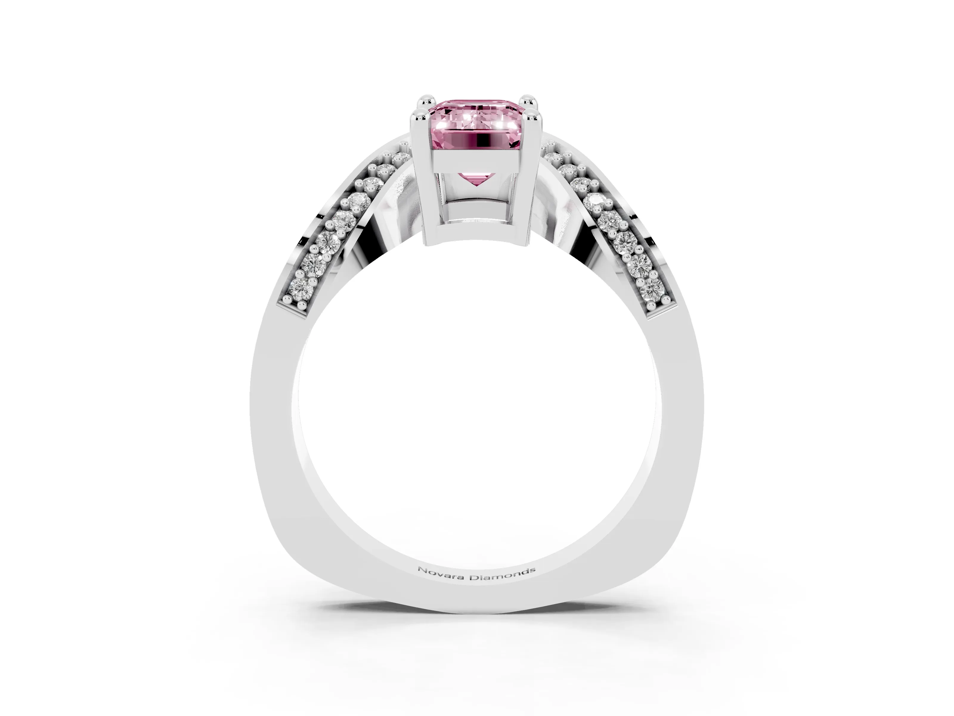 Fancy Pink Emerald Cut Diamond Solitaire Engagement Ring Set in Silver with Pavé Shoulders
