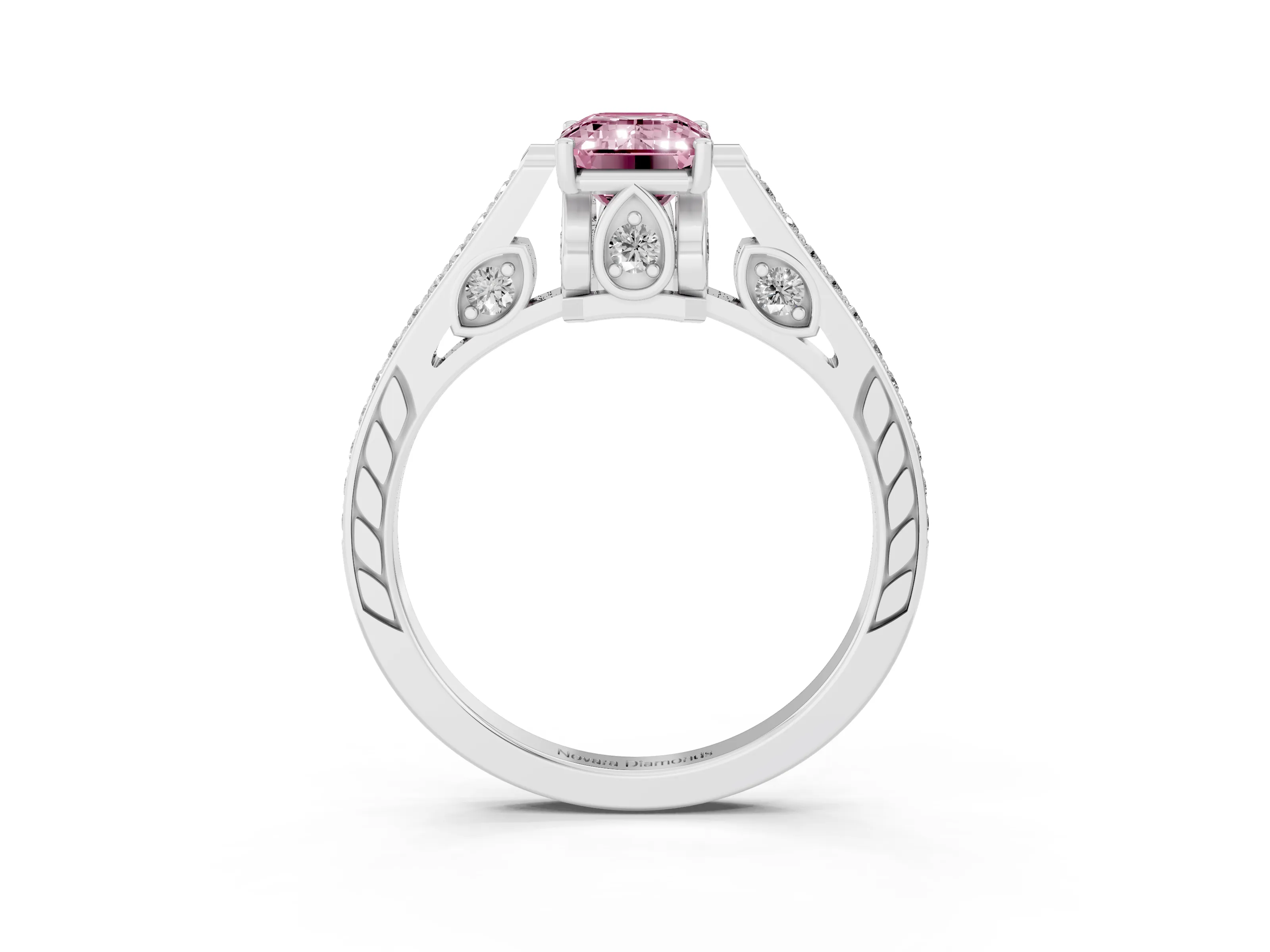 Fancy Pink Emerald Cut Diamond Cathedral Pavé Engagement Ring Set in Silver with Prong Setting