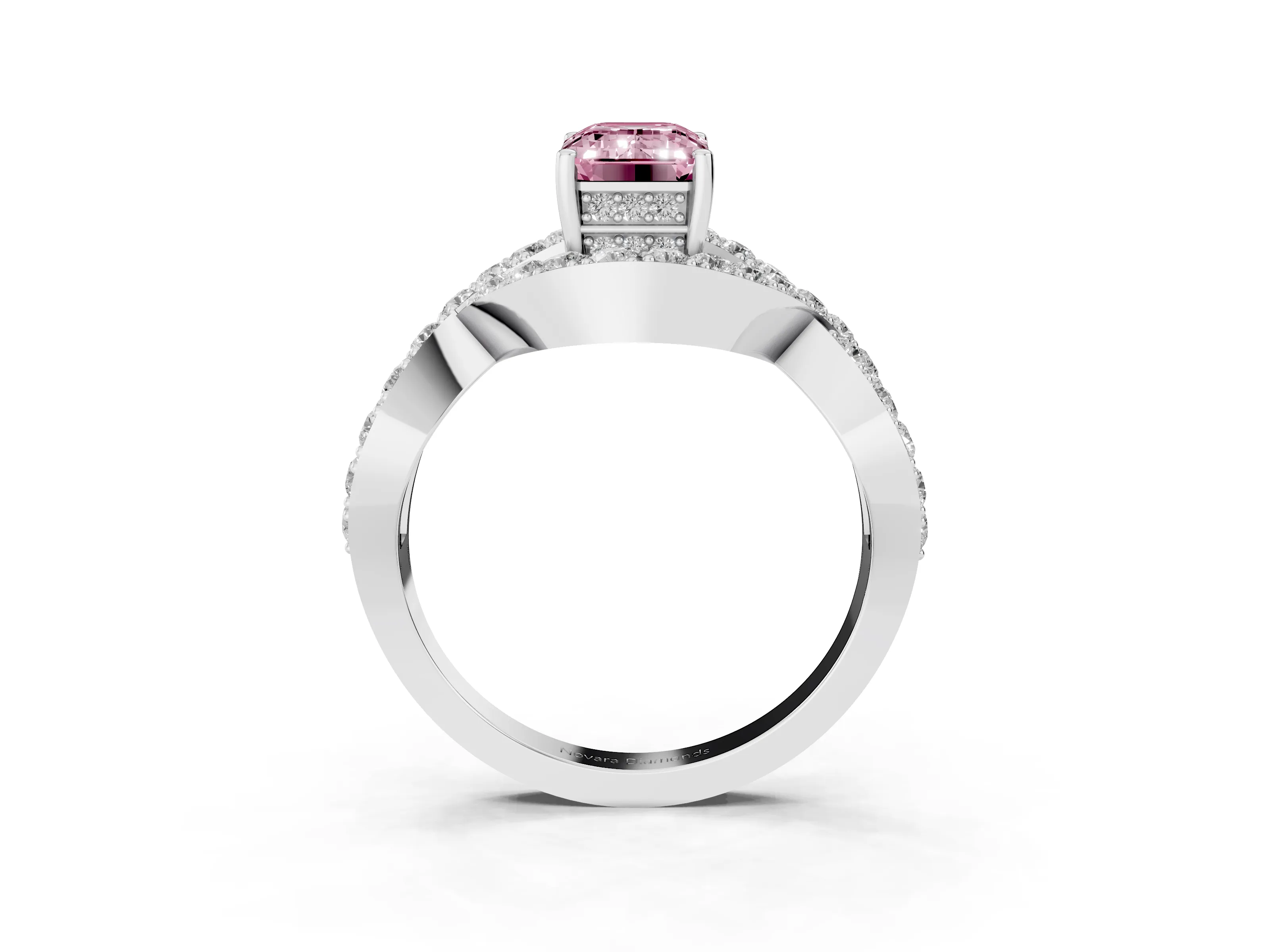 Fancy Pink Emerald Cut Diamond Solitaire Twist Band Pavé Engagement Ring Set in Silver