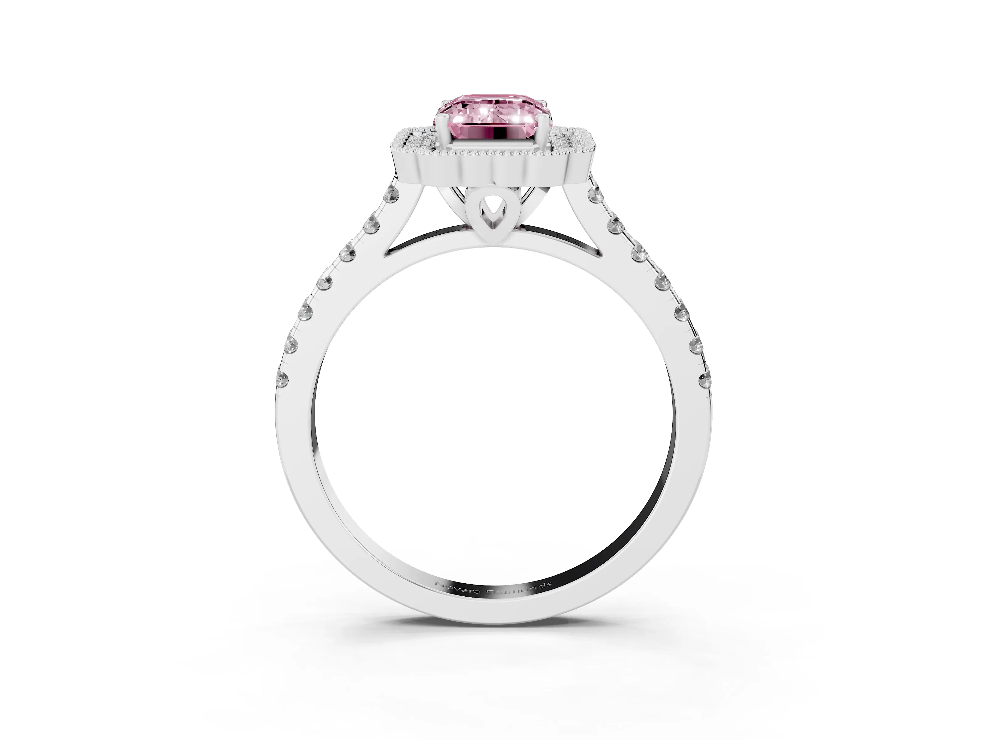 Fancy Pink Emerald Cut Diamond Milgrain Floral Halo Engagement Ring Set in Silver with Pavé Band