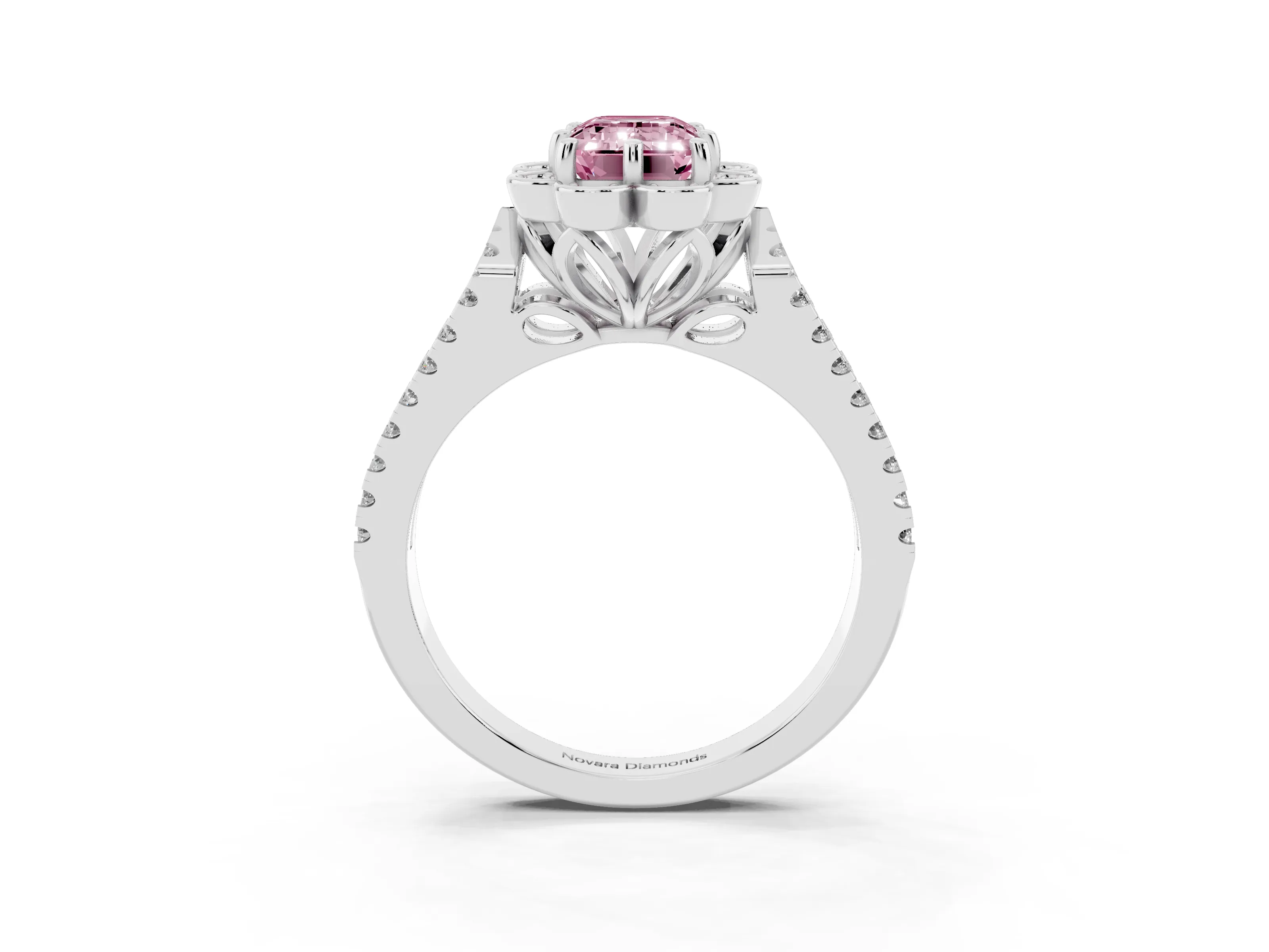 Fancy Pink Emerald Cut Diamond Floral Halo Split Shank Engagement Ring Set in White gold with Pavé Shank