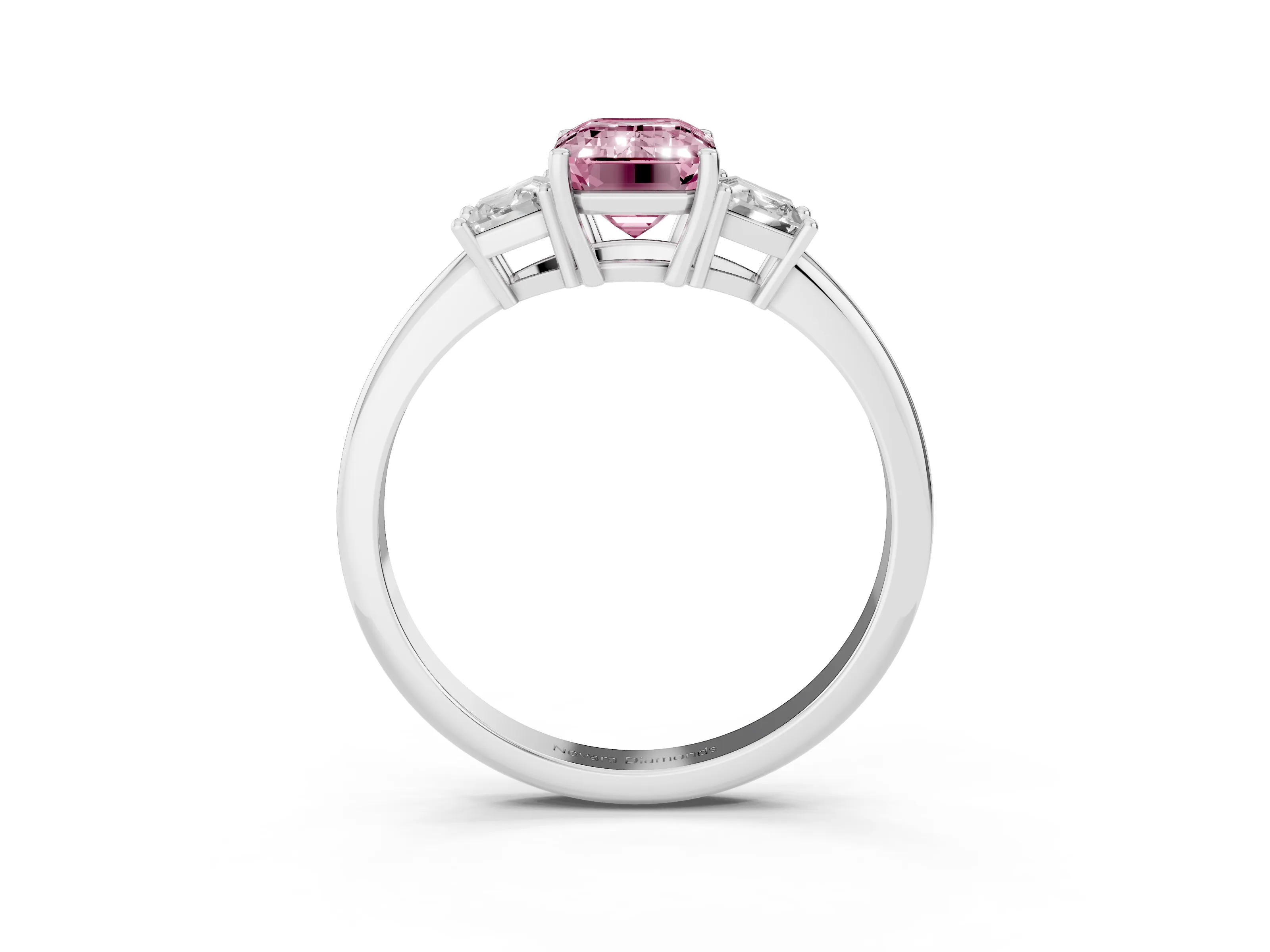 Fancy Pink Emerald Cut Diamond Three-Stone Ring Set in Platinum with Trapezoid Side Stones and Prong Setting