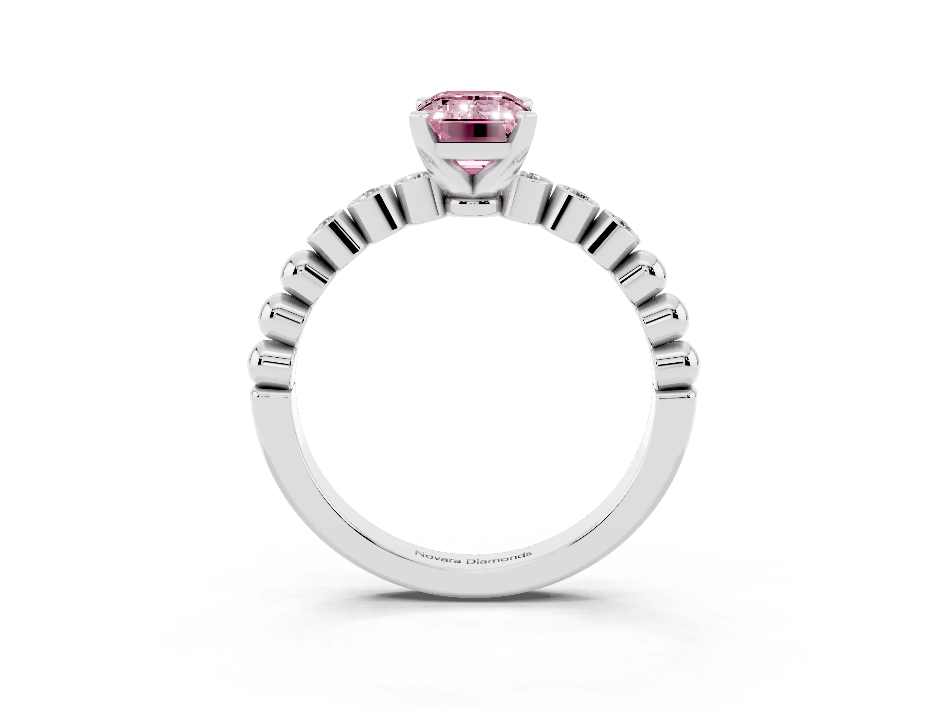 Fancy Pink Emerald Cut Diamond Solitaire Engagement Ring Set in Silver with Bezel Accents on Beaded Band
