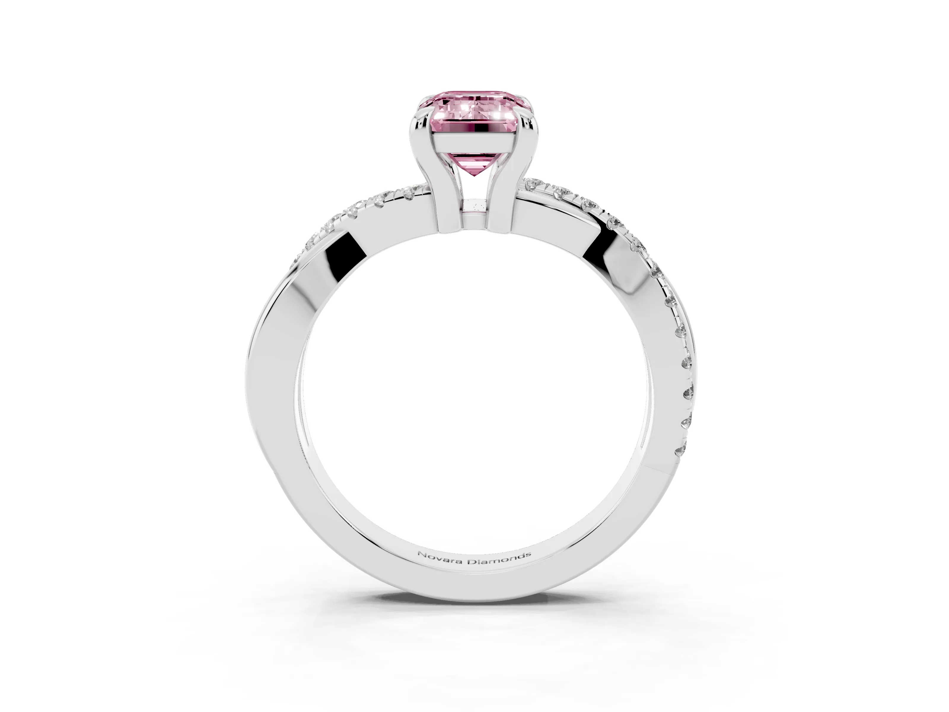 Fancy Pink Emerald Cut Diamond Twist Band Solitaire Set in White gold with Pavé Accents and Prong Setting