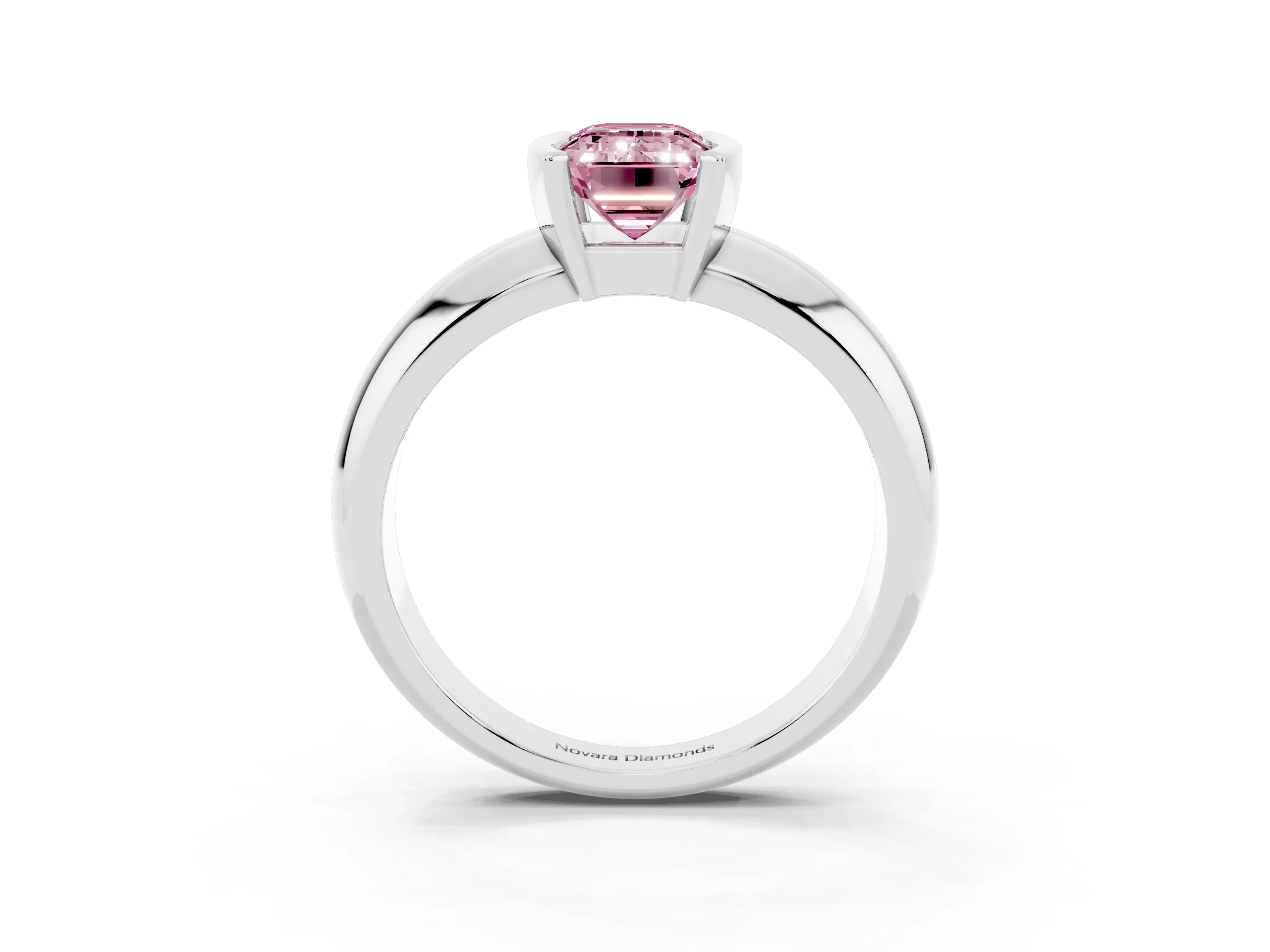 Fancy Pink Emerald Cut Diamond Solitaire Tension Set Ring Set in White gold with Wide Band