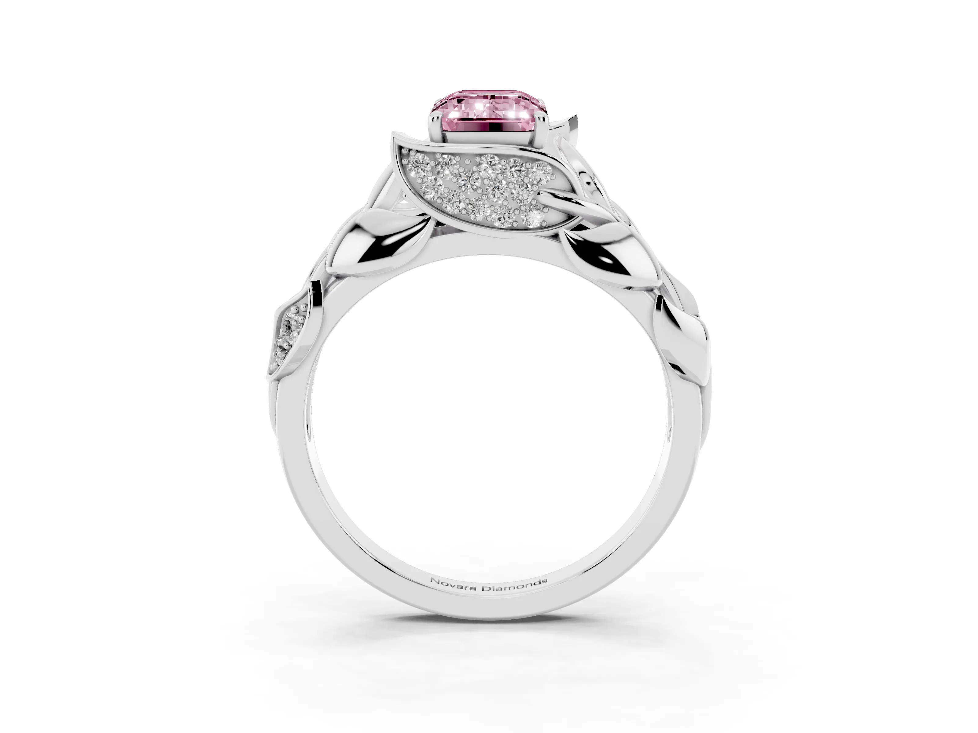Fancy Pink Emerald Cut Diamond Leaf-Inspired Engagement Ring Set in Platinum with Round Accents