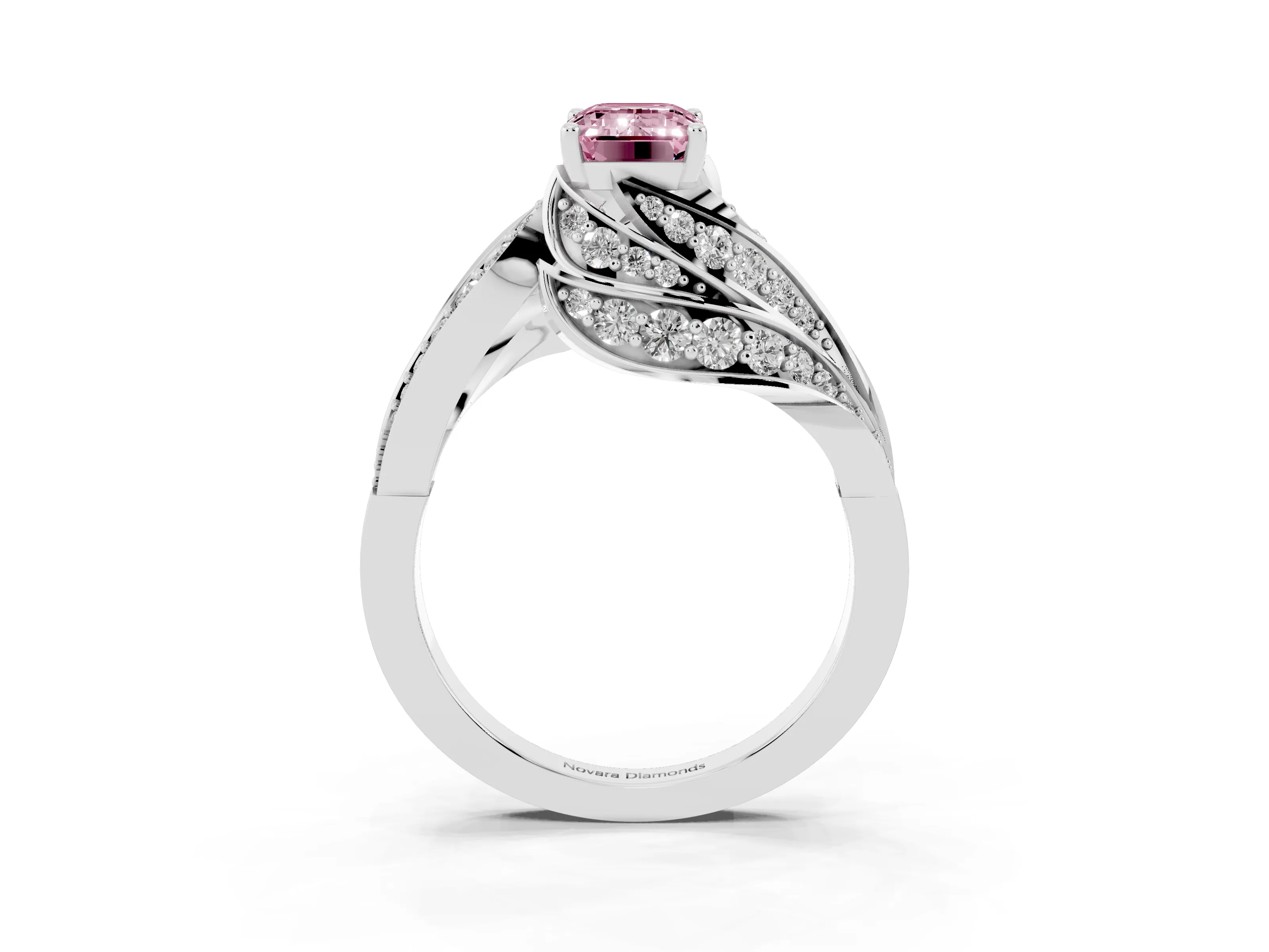 Fancy Pink Emerald Cut Diamond Solitaire Ring Set in White gold with Layered Twist Pavé Band