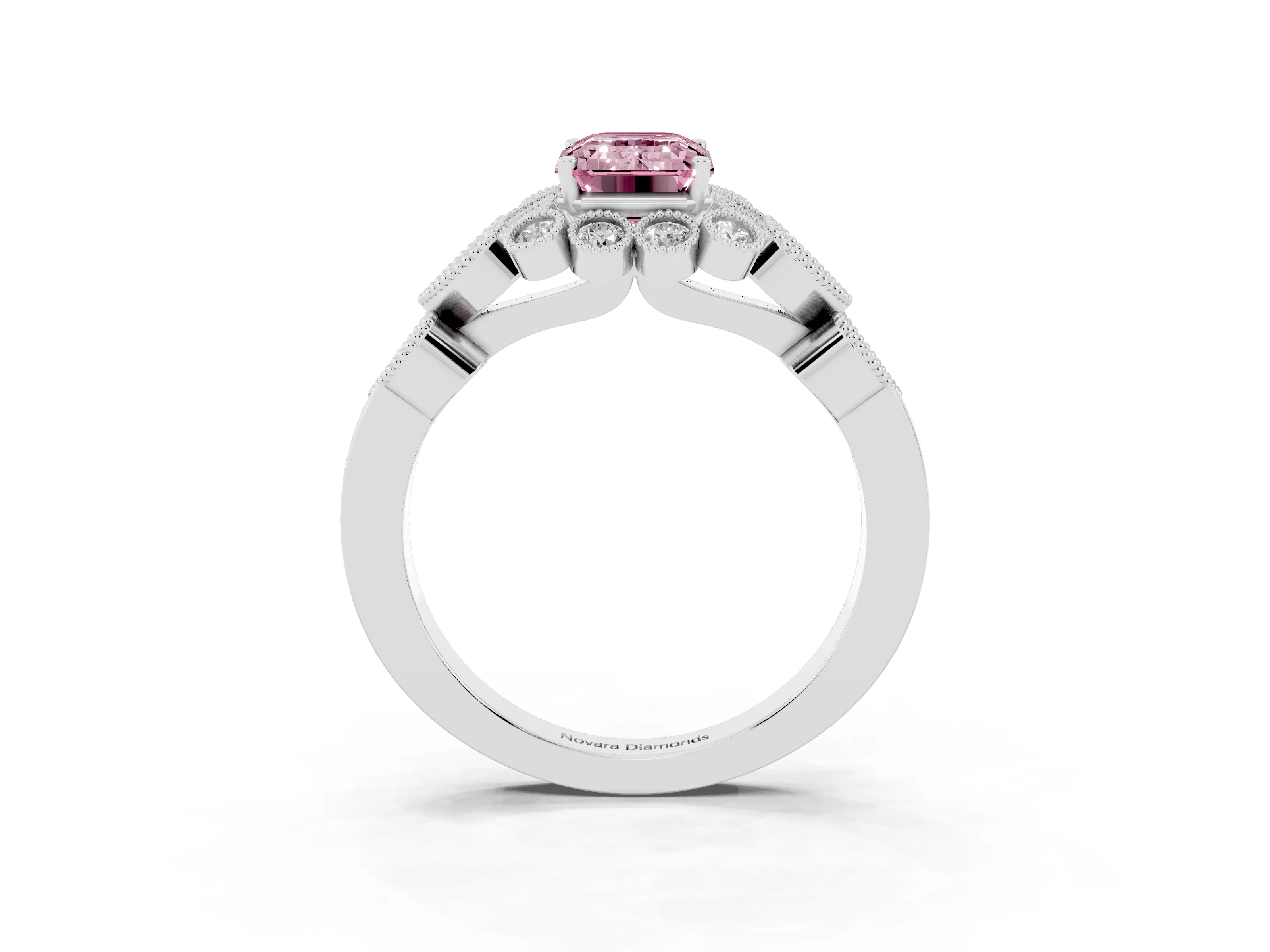 Fancy Pink Emerald Cut Diamond Solitaire Ring Set in Platinum with Milgrain Pavé Heart Band