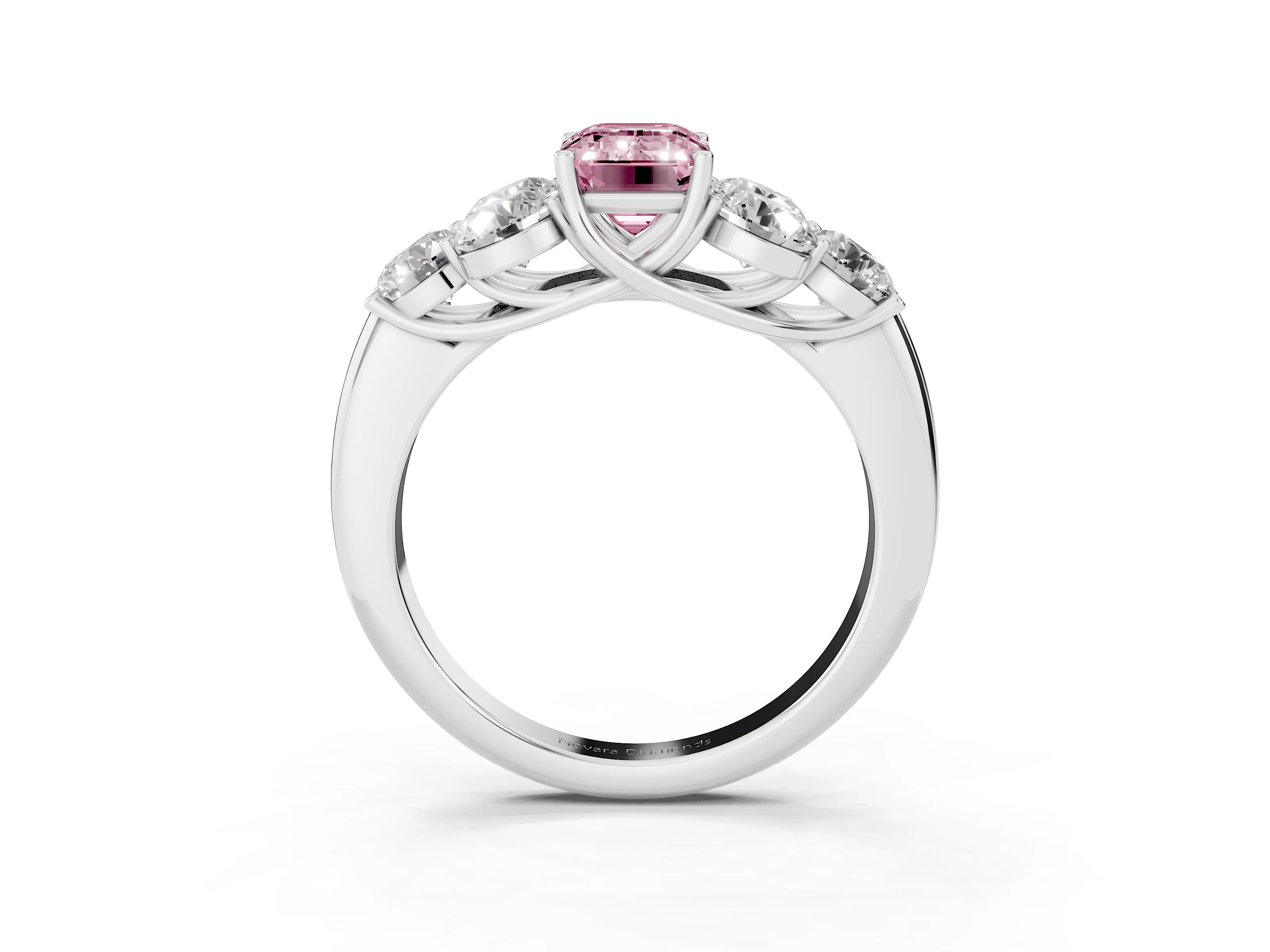 Fancy Pink Emerald Cut Diamond Cluster Ring Set in Silver with Round Accent Stones and Prong Setting on a Plain Band