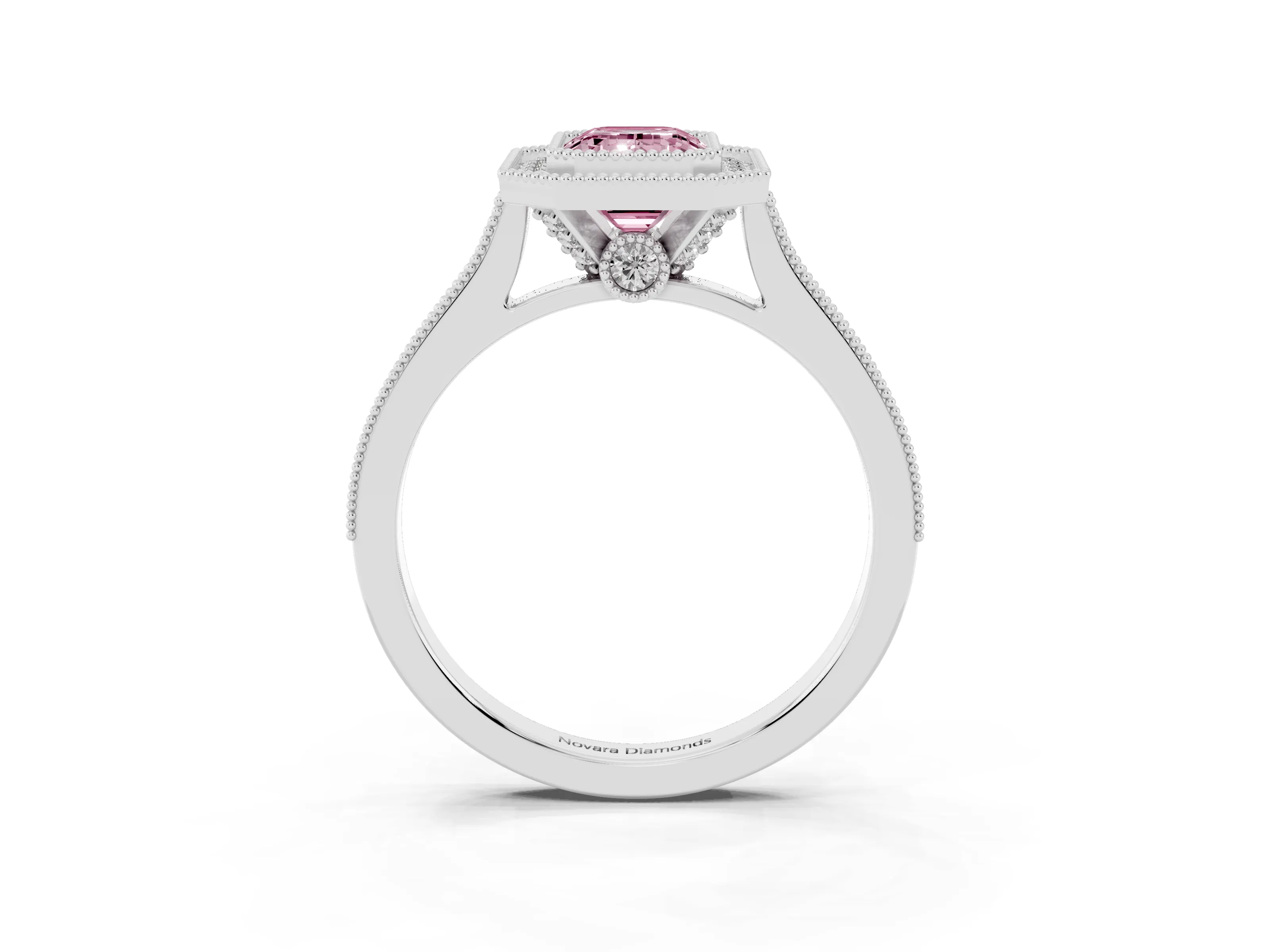 Fancy Pink Emerald Cut Diamond Halo Milgrain Pavé Band Ring Set in Platinum with Prong Setting