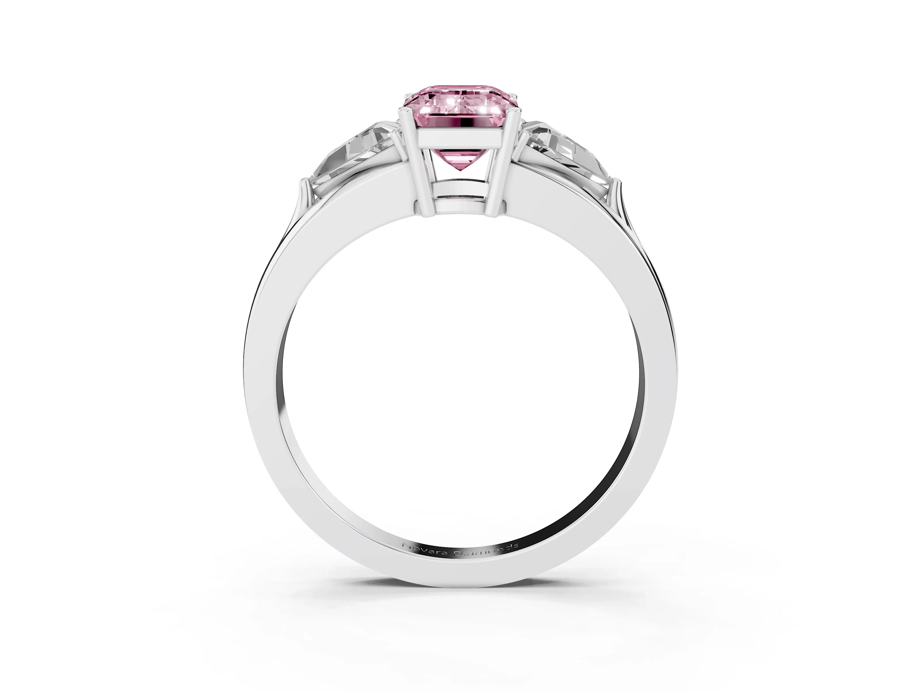 Fancy Pink Emerald Cut Diamond Three-Stone Ring Set in White gold with Trillion Side Stones and Split Shank