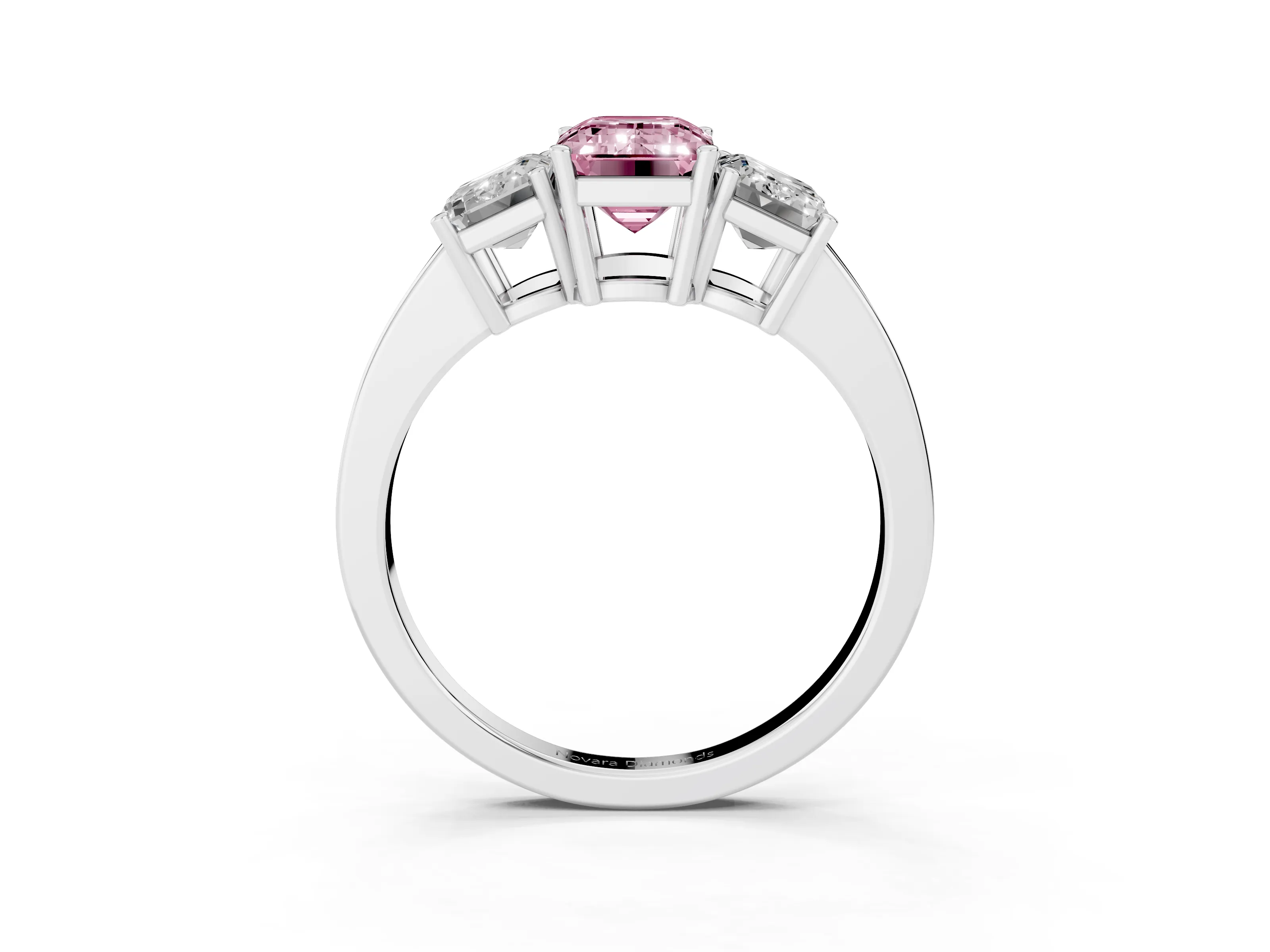 Fancy Pink Emerald Cut Diamond Three-Stone Engagement Ring Set in Silver with Flat Band