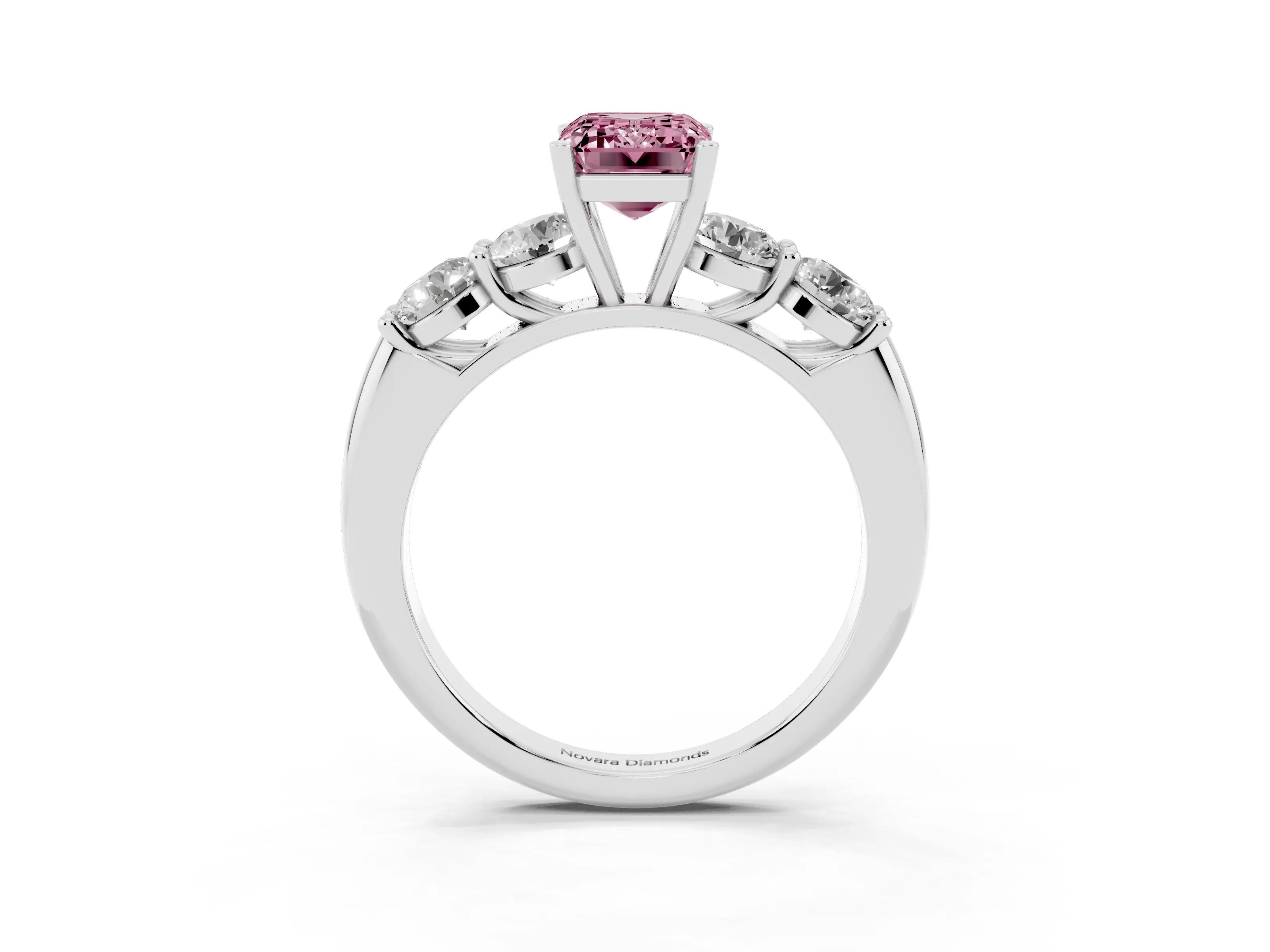 Fancy Pink Emerald Cut Diamond Five-Stone Prong Set Ring Set in White gold with Classic Band