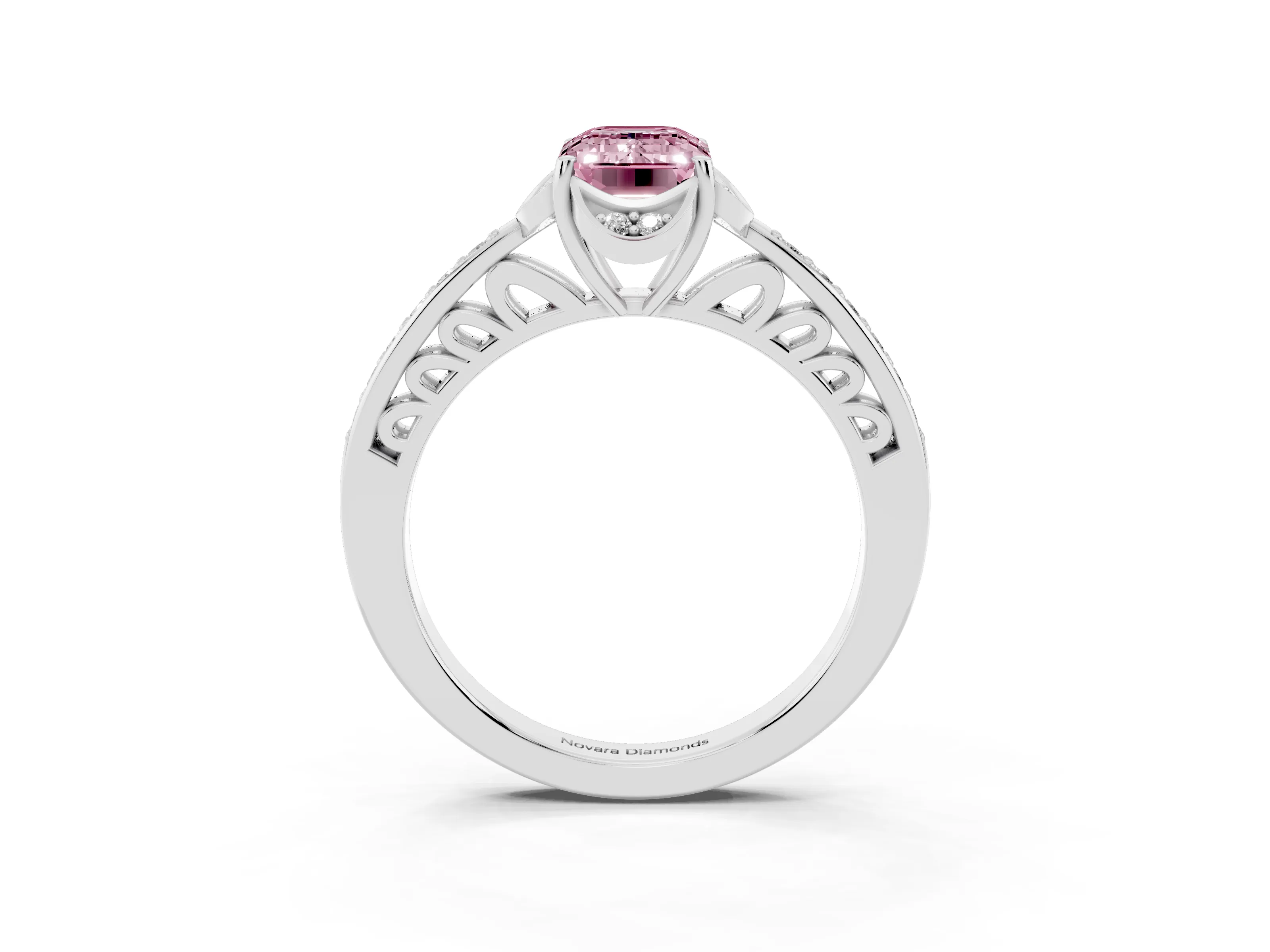 Fancy Pink Emerald Cut Diamond Halo Ring Set in Silver with Channel Set Band and Prong Setting