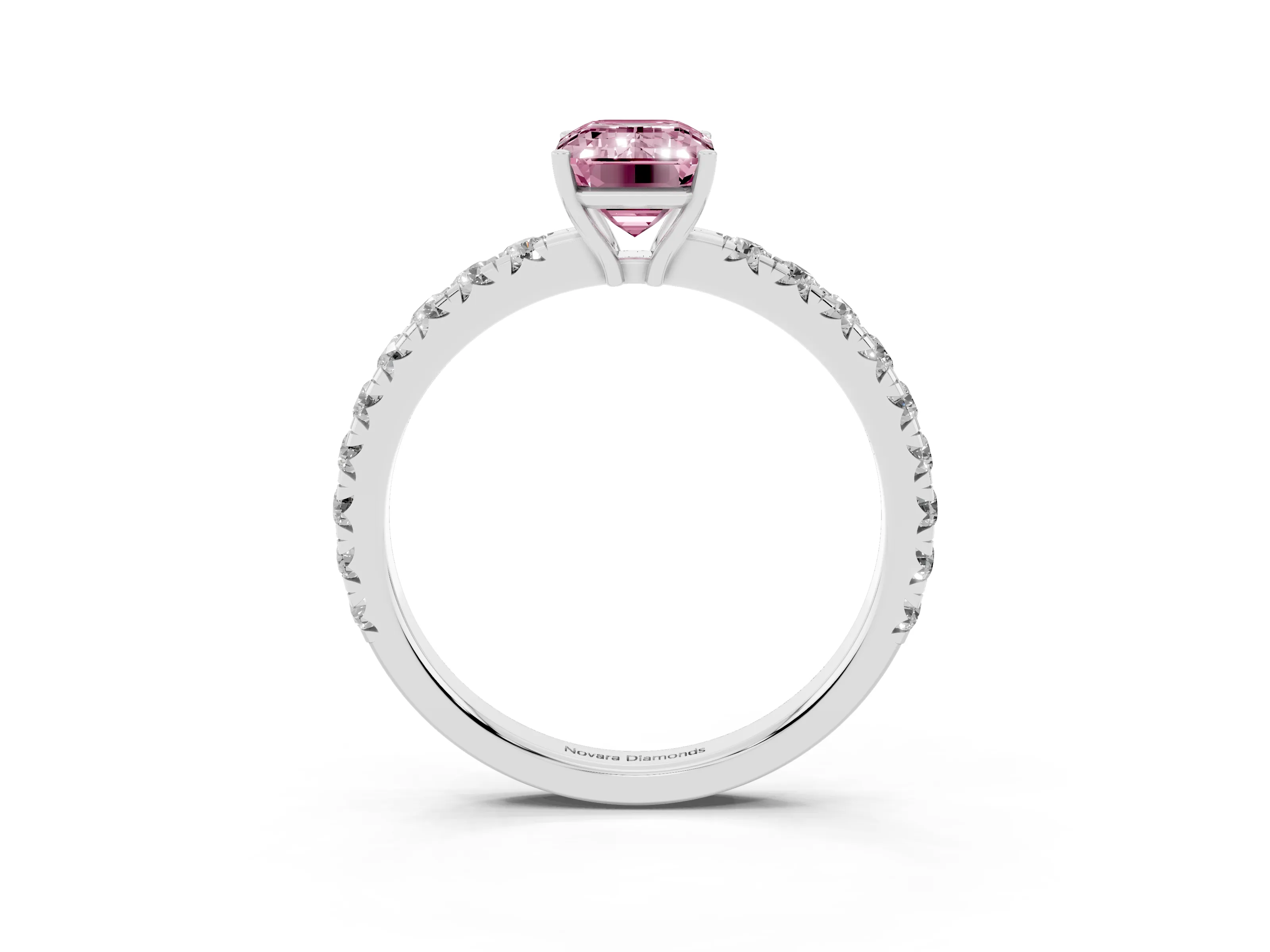Fancy Pink Emerald Cut Diamond Pavé Solitaire Engagement Ring Set in Platinum with Prong Setting