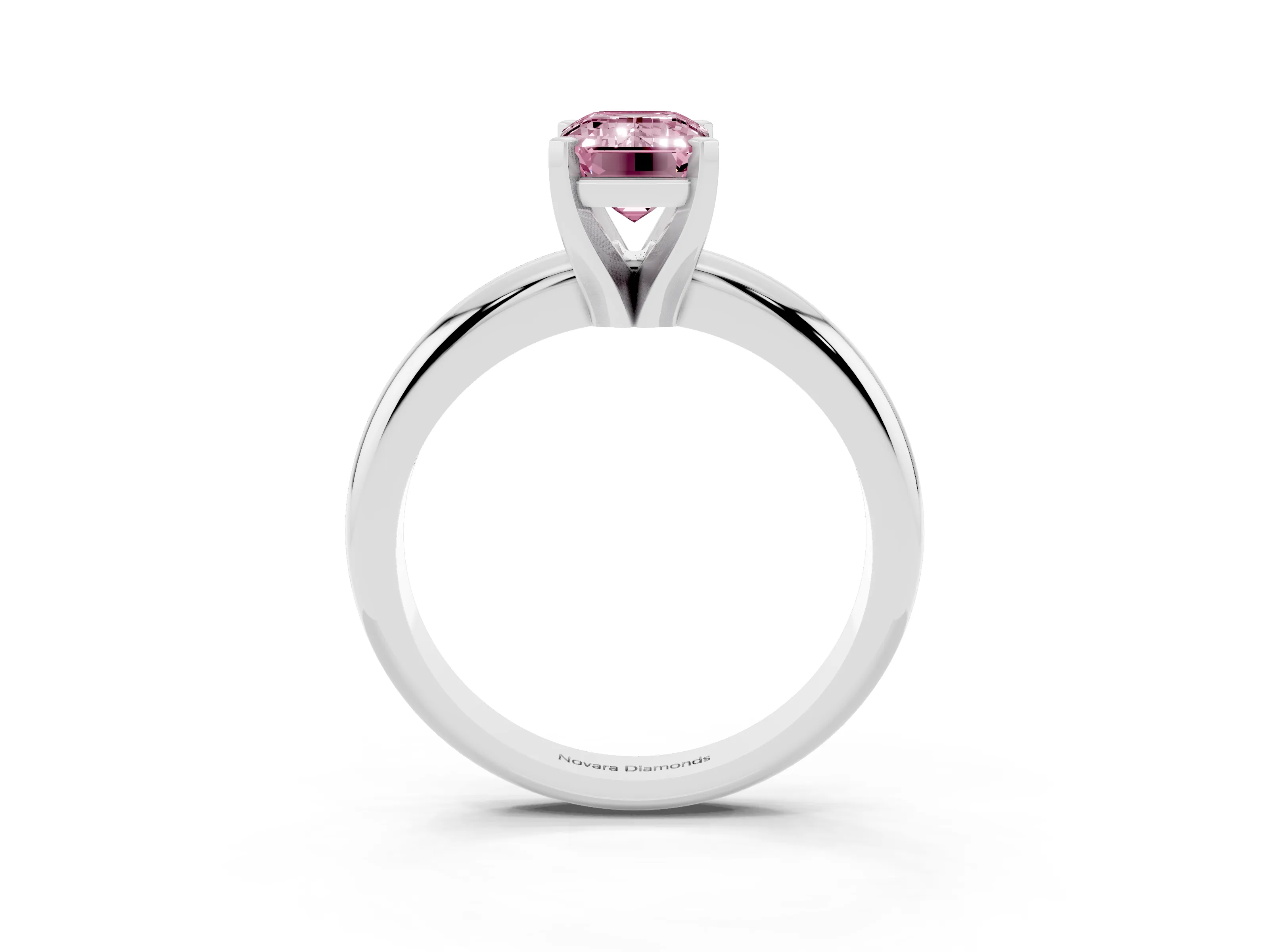 Fancy Pink Emerald Cut Diamond Solitaire Engagement Ring Set in Platinum with Round Band and Prong Setting