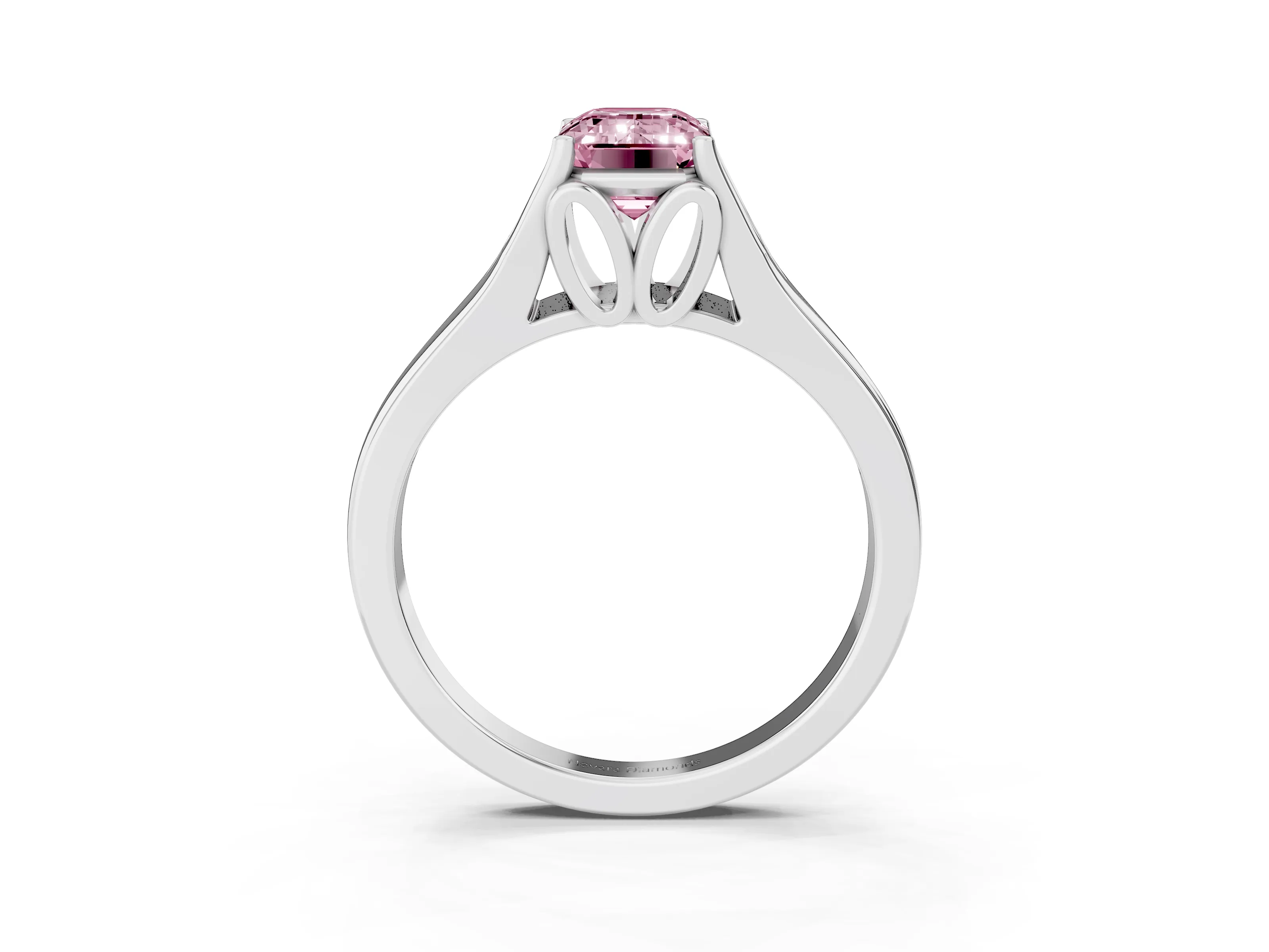 Fancy Pink Emerald Cut Diamond Solitaire Ring Set in White gold with Arched Cathedral Band and Prong Setting