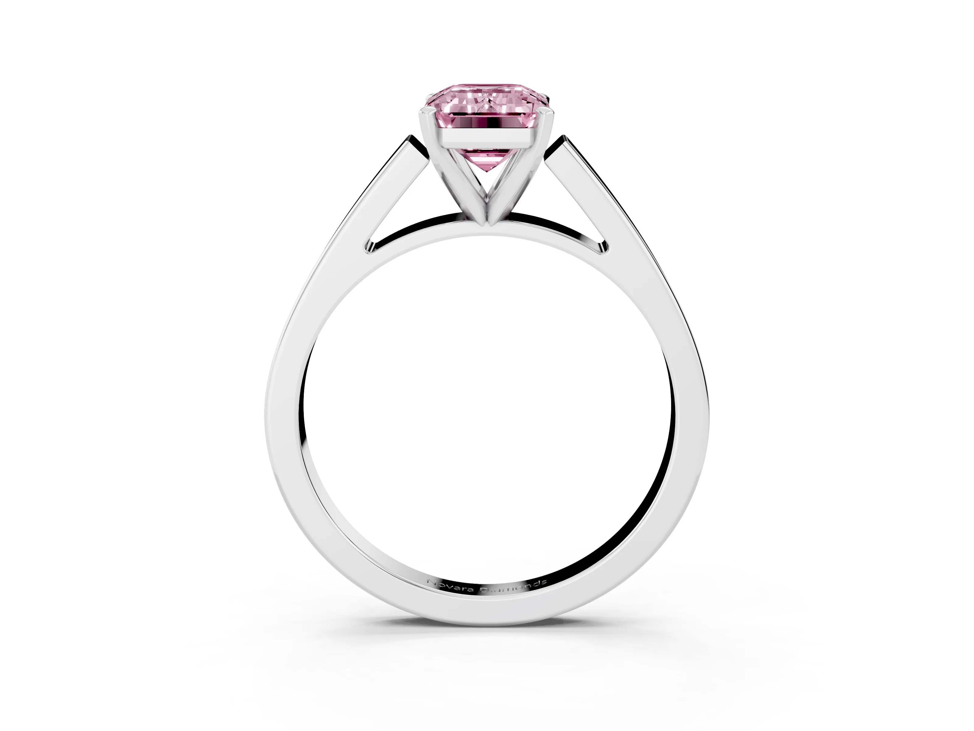 Fancy Pink Emerald Cut Diamond Solitaire Engagement Ring Set in White gold with Prong Setting and Tapered Band