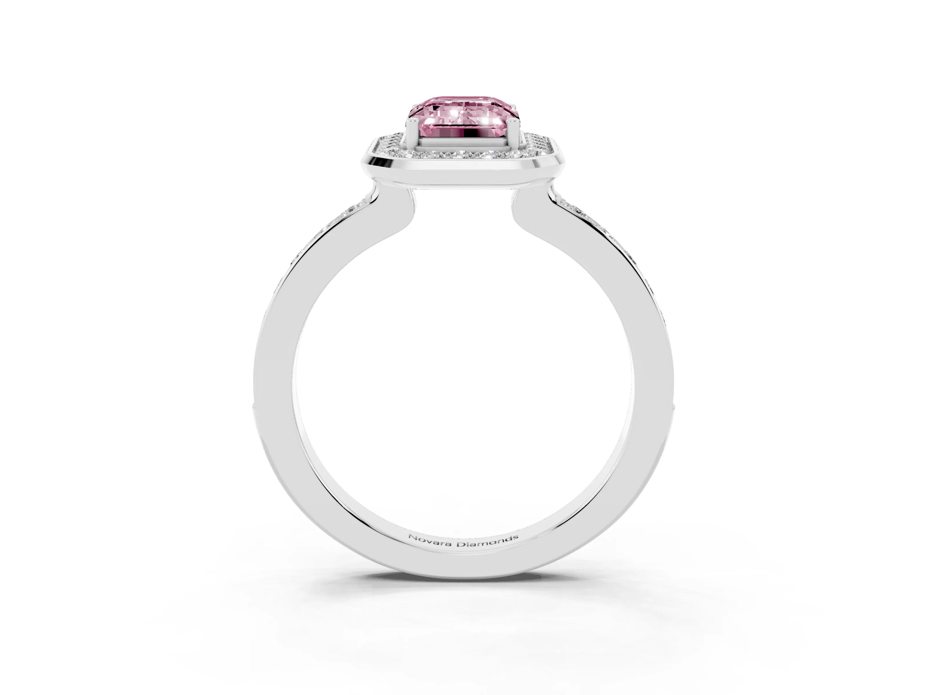 Fancy Pink Emerald Cut Diamond Halo Ring Set in White gold with Bezel Frame and Pavé Band