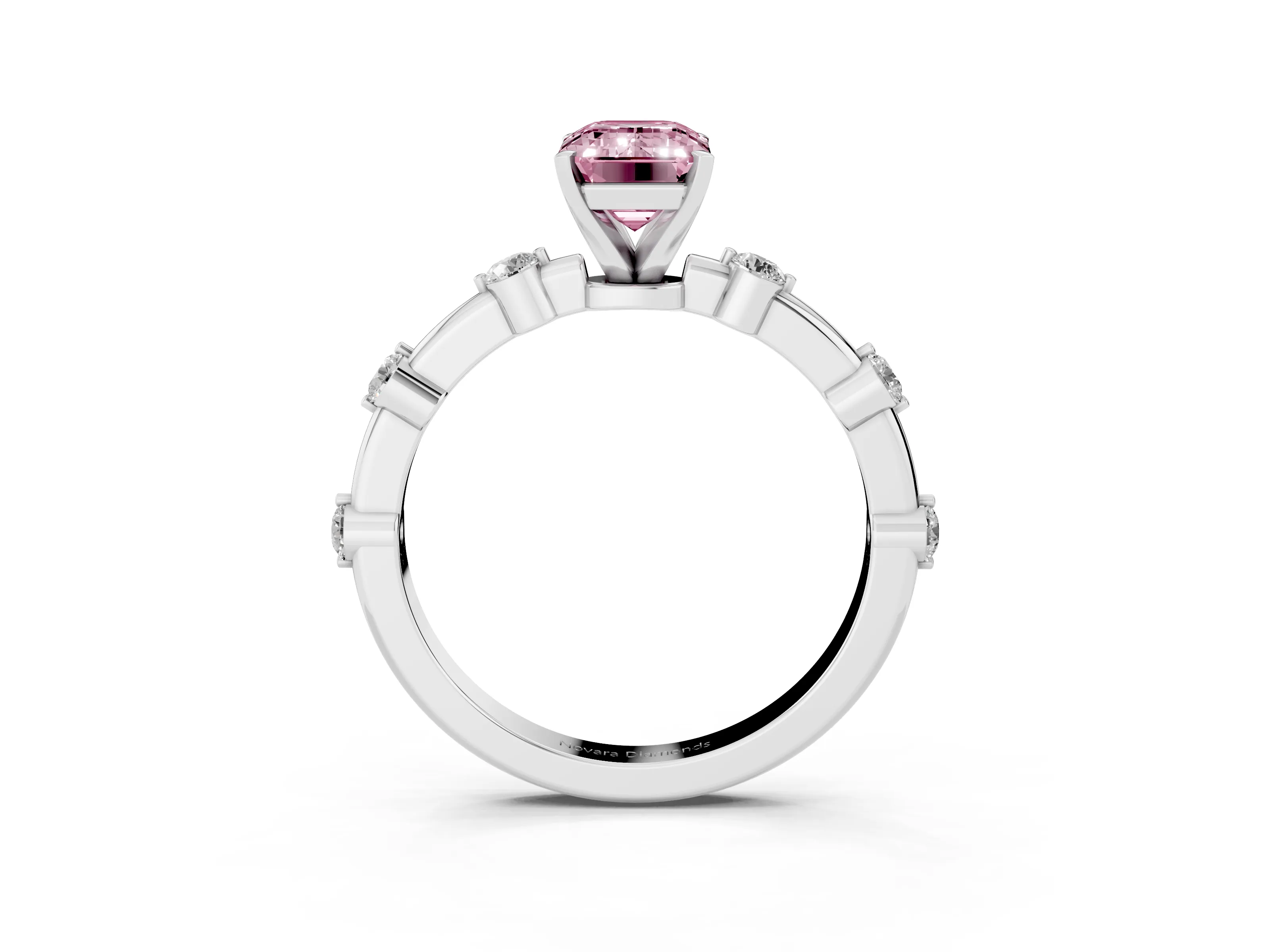 Fancy Pink Emerald Cut Diamond Solitaire Ring Set in White gold with Bezel Set Side Stones and Prong Setting