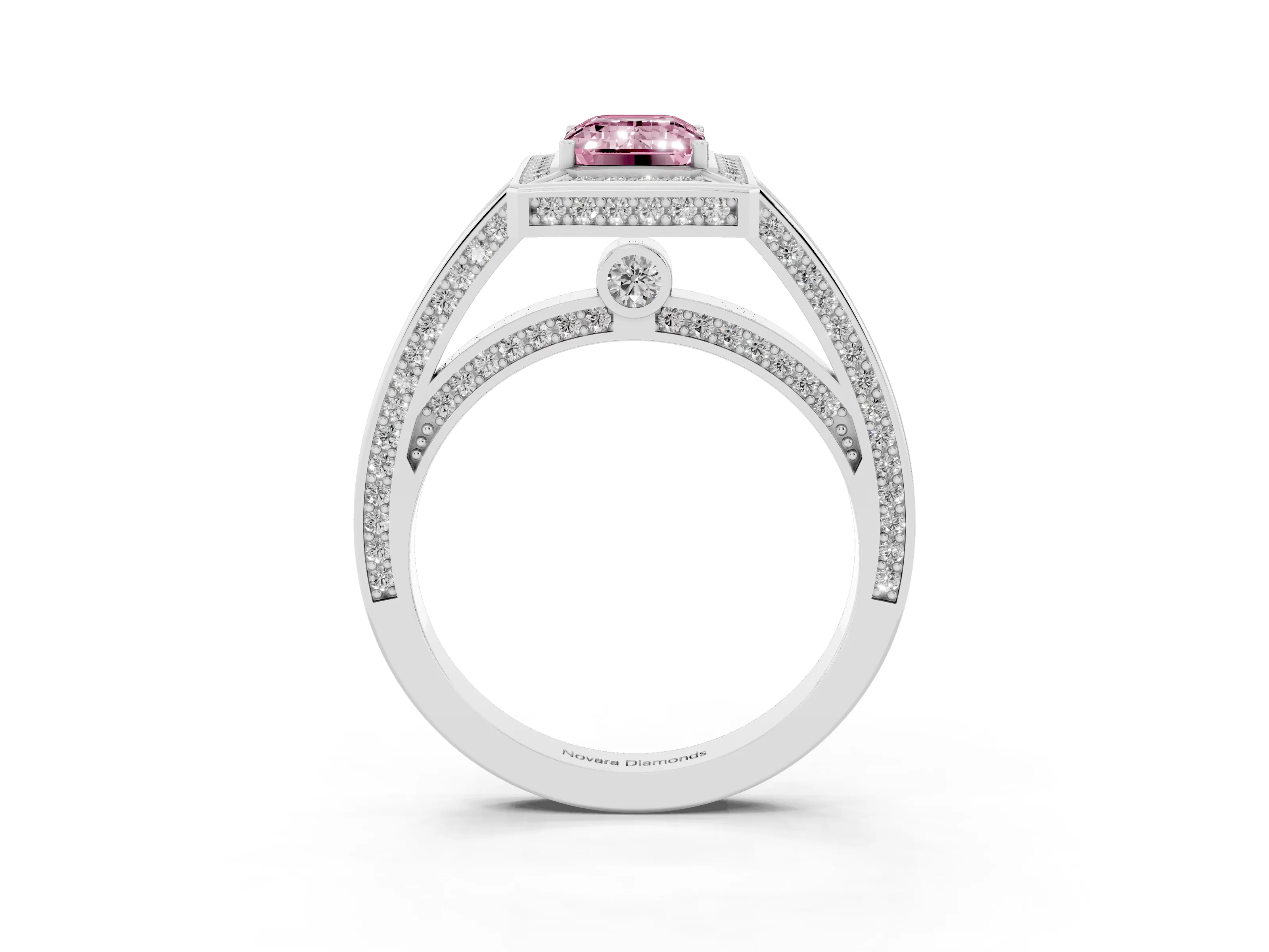 Fancy Pink Emerald Cut Diamond Halo Pavé Split Shank Ring Set in Silver with Prong Setting