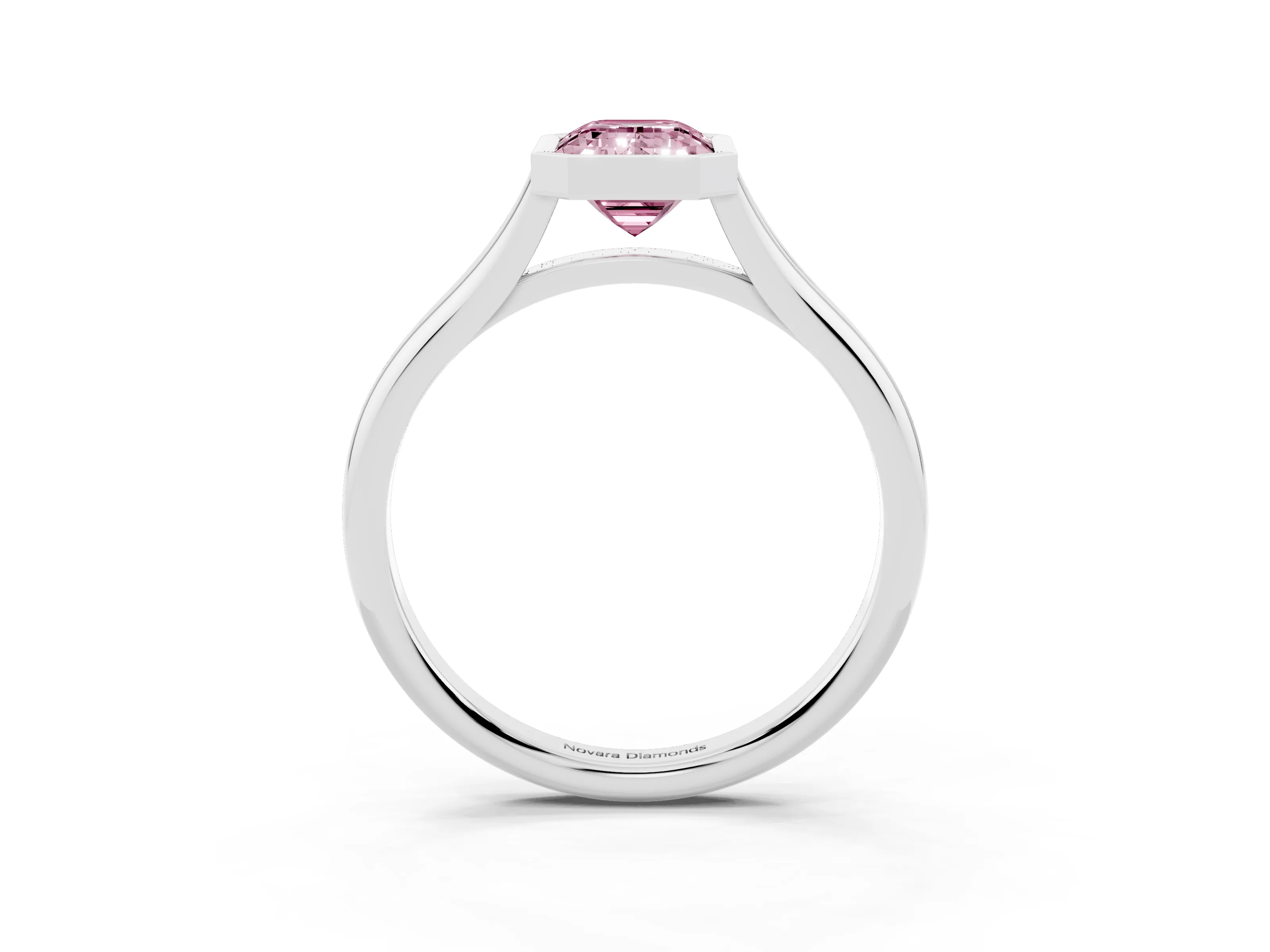 Fancy Pink Bezel Set Emerald Cut Diamond Solitaire Ring Set in Platinum with Tapered Band