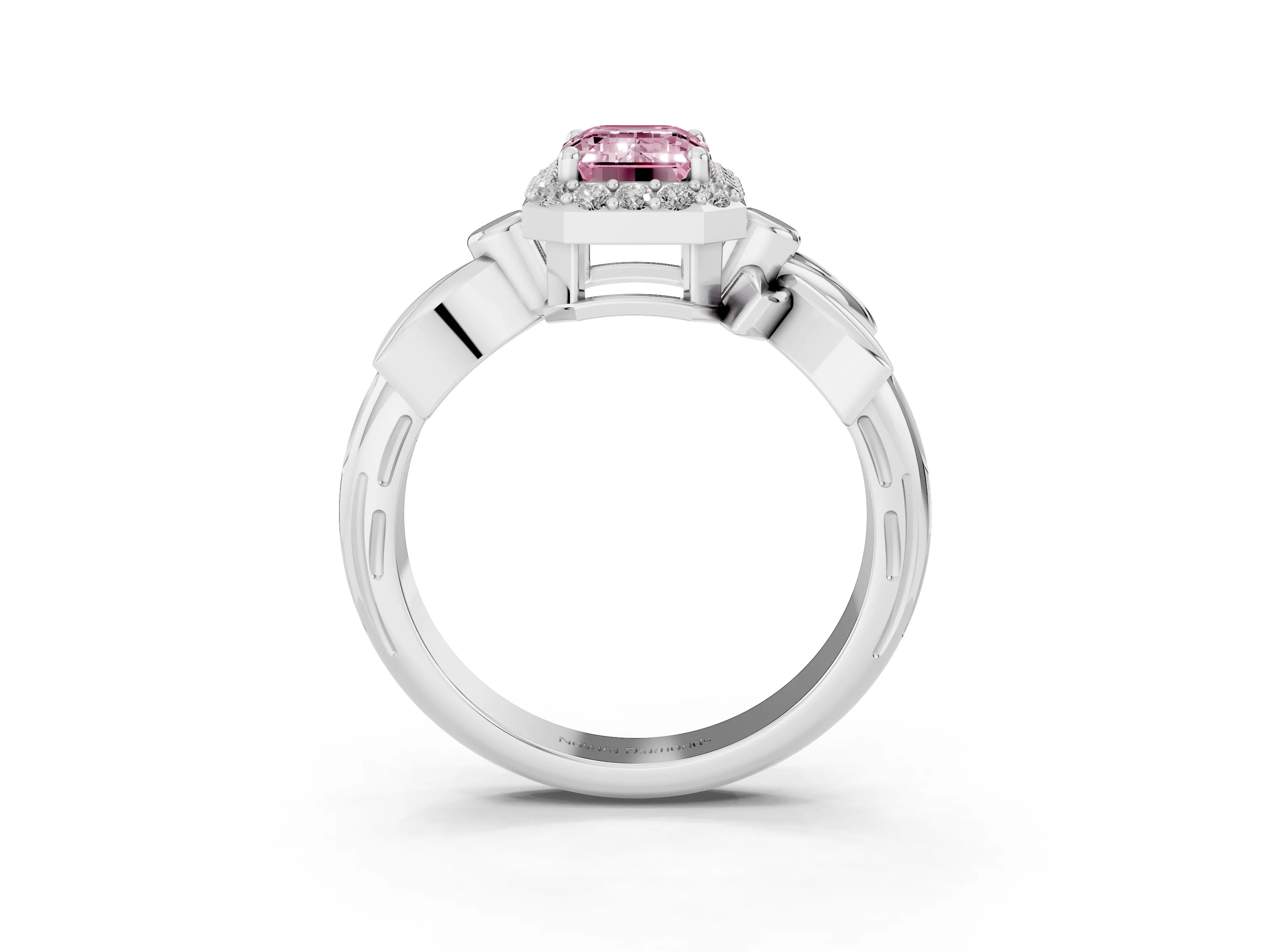 Fancy Pink Emerald Cut Diamond Halo Floral Band Ring Set in White gold with Prong Setting