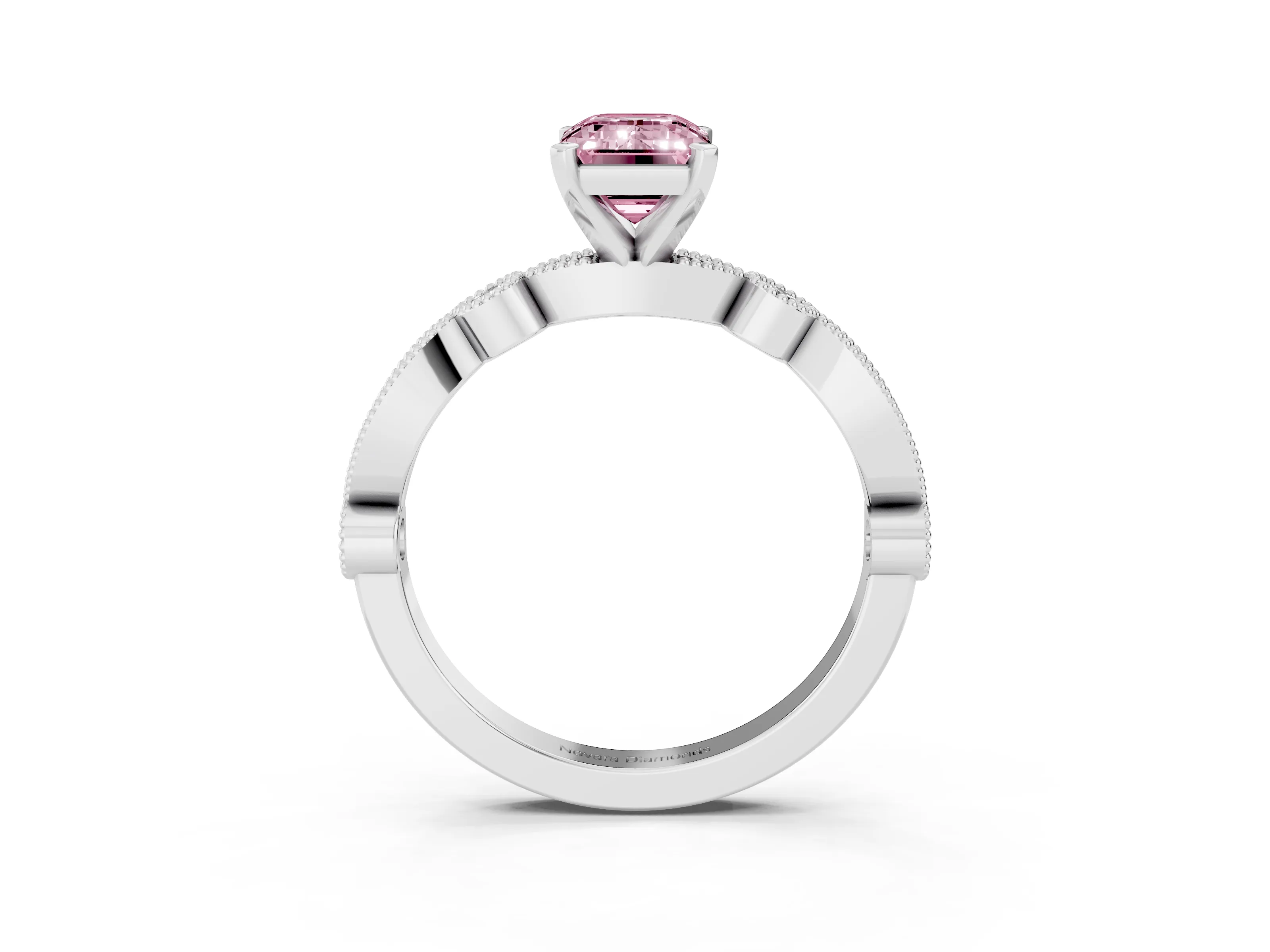 Fancy Pink Emerald Cut Diamond Solitaire Engagement Ring Set in Silver with Milgrain Bezel Accent Band
