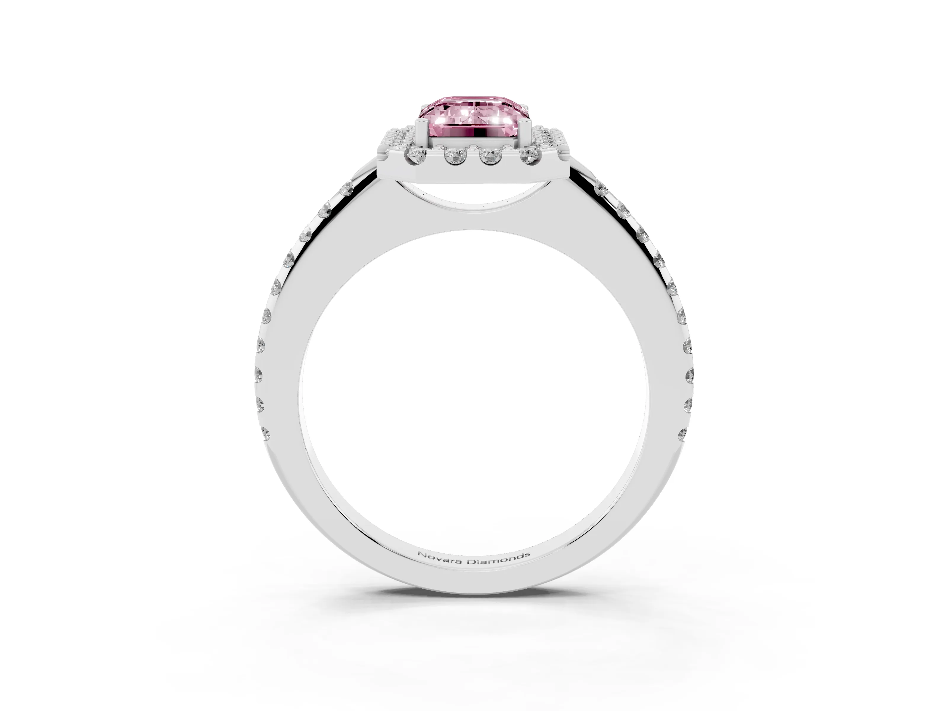 Fancy Pink Emerald Cut Diamond Pavé Halo Ring Set in Silver with Prong Setting