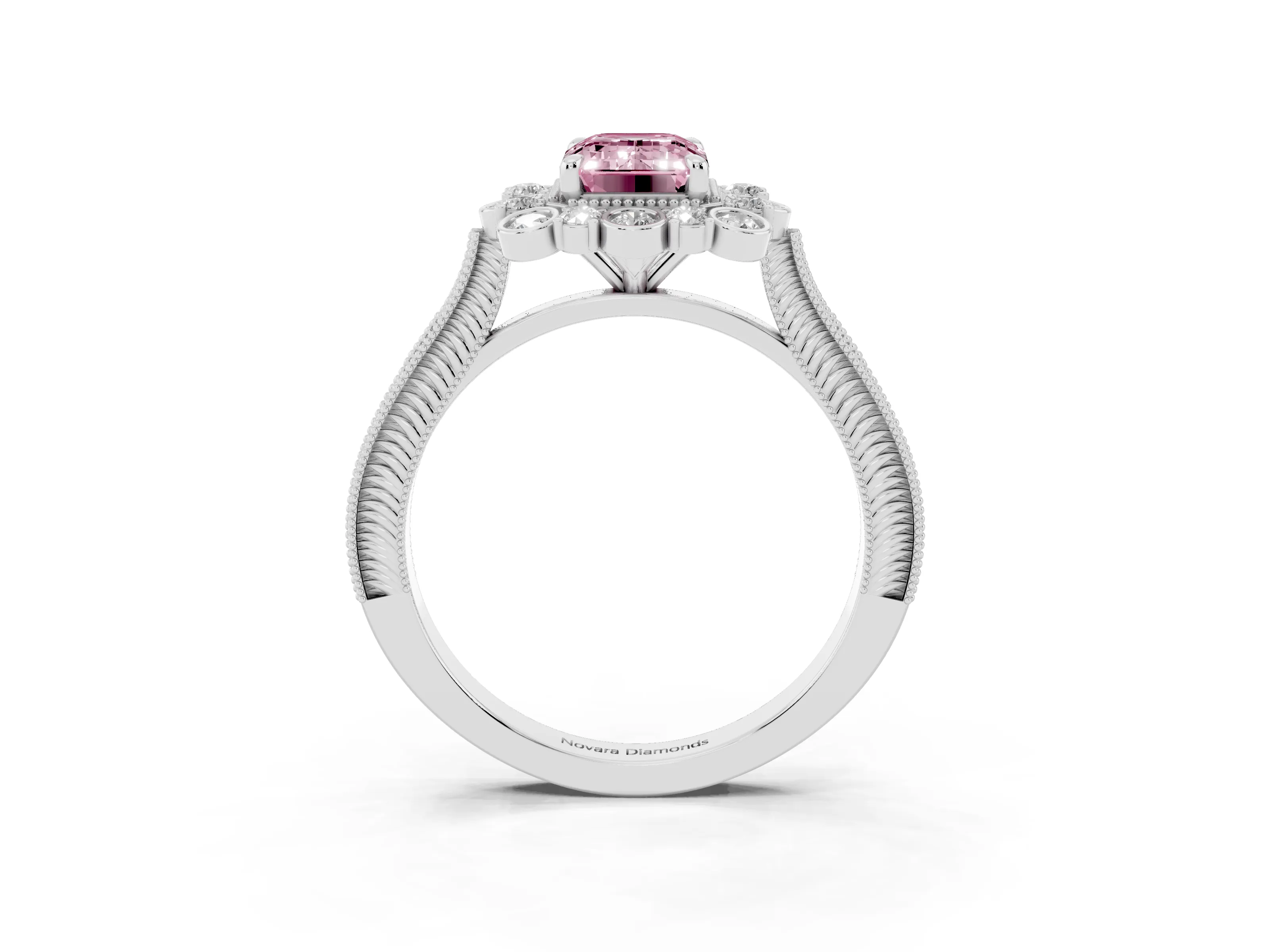 Fancy Pink Emerald Cut Diamond Halo Milgrain Pavé Ring Set in White gold with Prong Setting