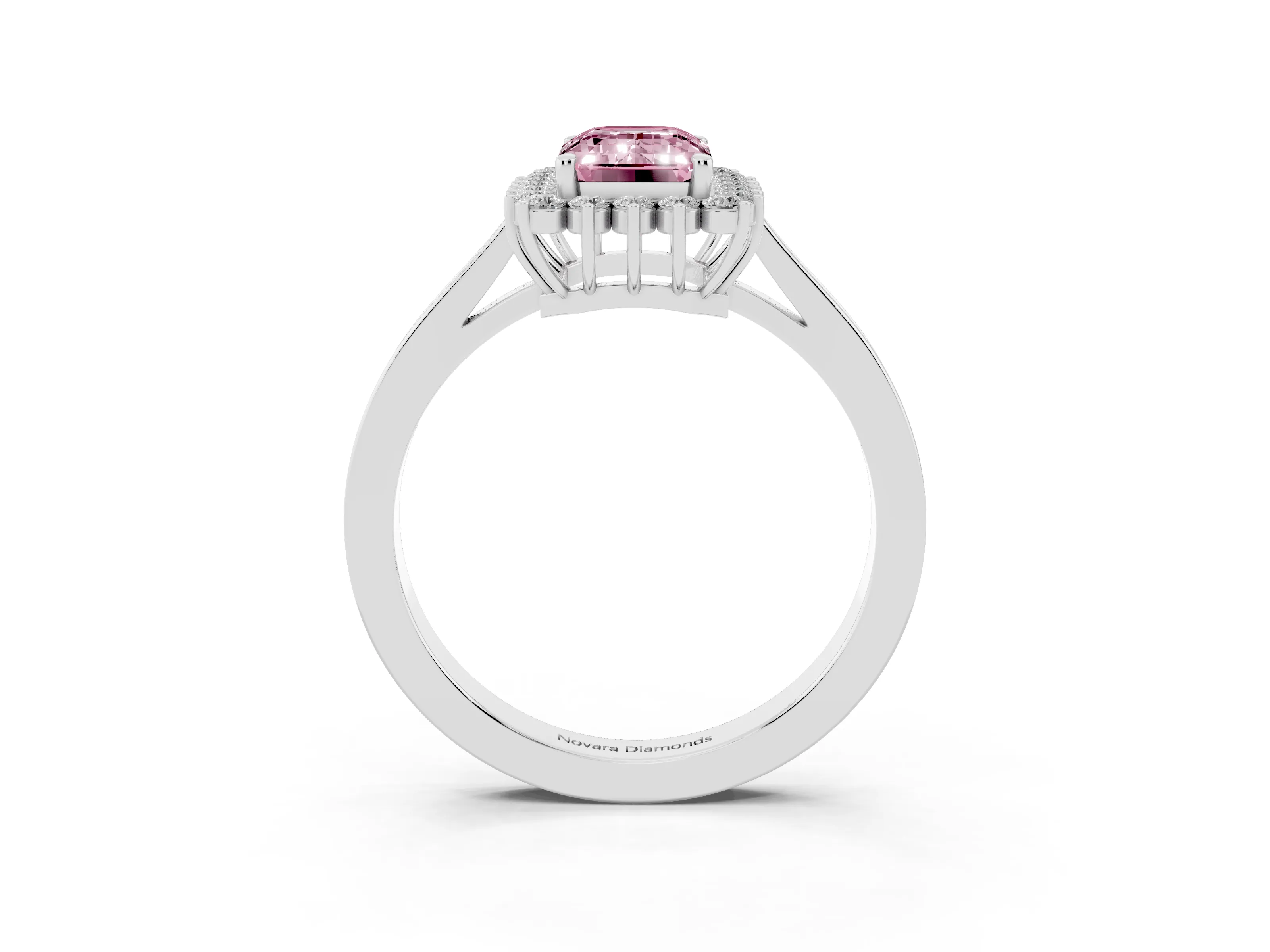 Fancy Pink Emerald Cut Diamond Halo Ring Set in Platinum with Round Halo and Smooth Solitaire Band