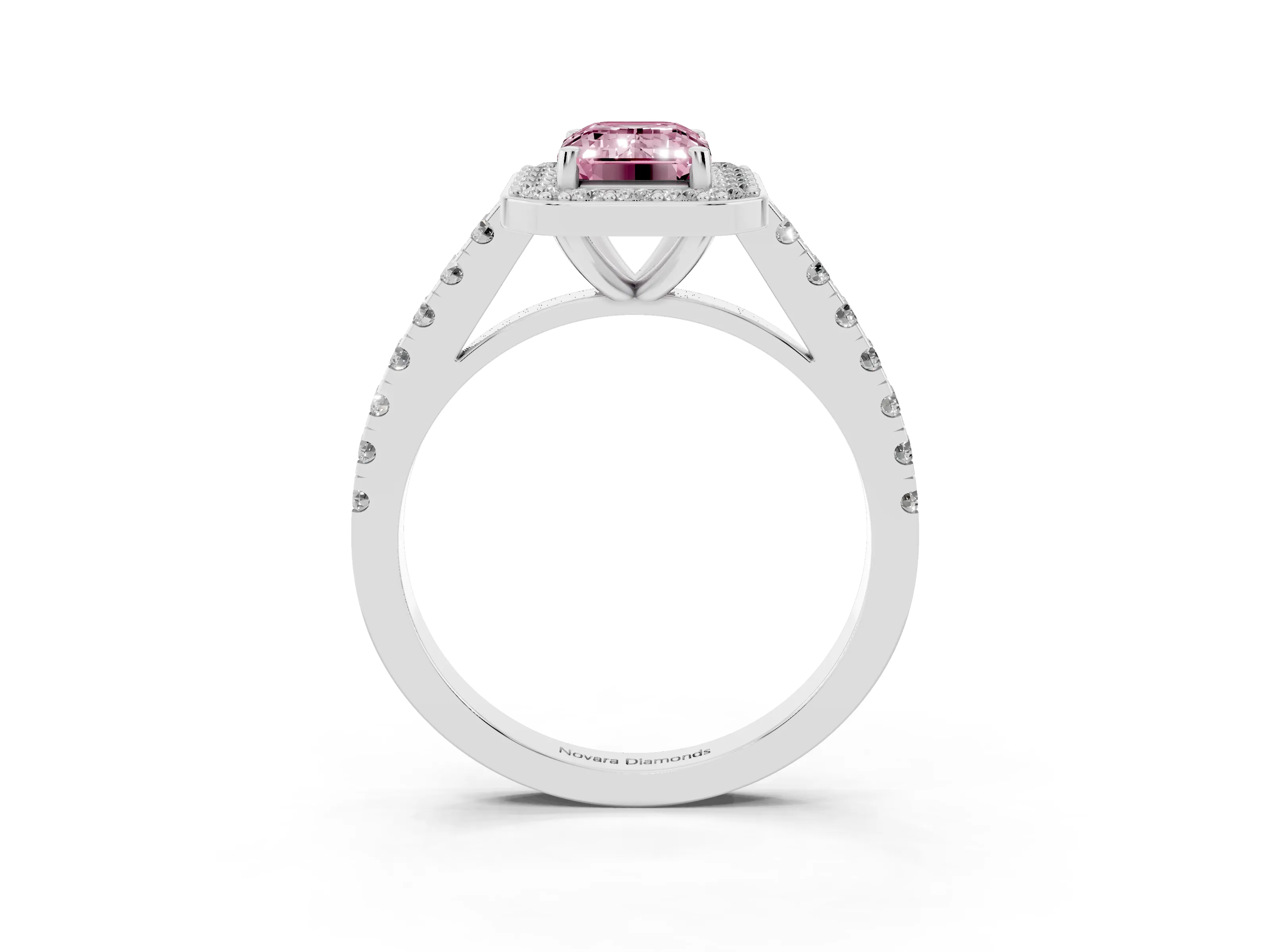 Fancy Pink Emerald Cut Diamond Halo Ring Set in Silver with Round Pavé Split Shank and Prong Setting
