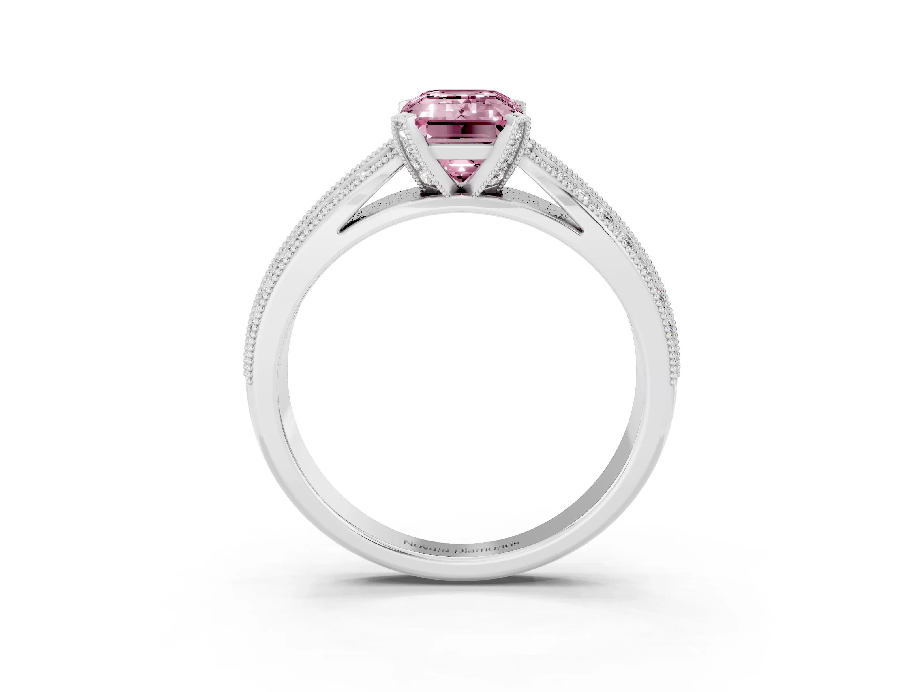 Fancy Pink Emerald Cut Diamond Solitaire Ring Set in Silver with Milgrain Double Row Round Pavé Band