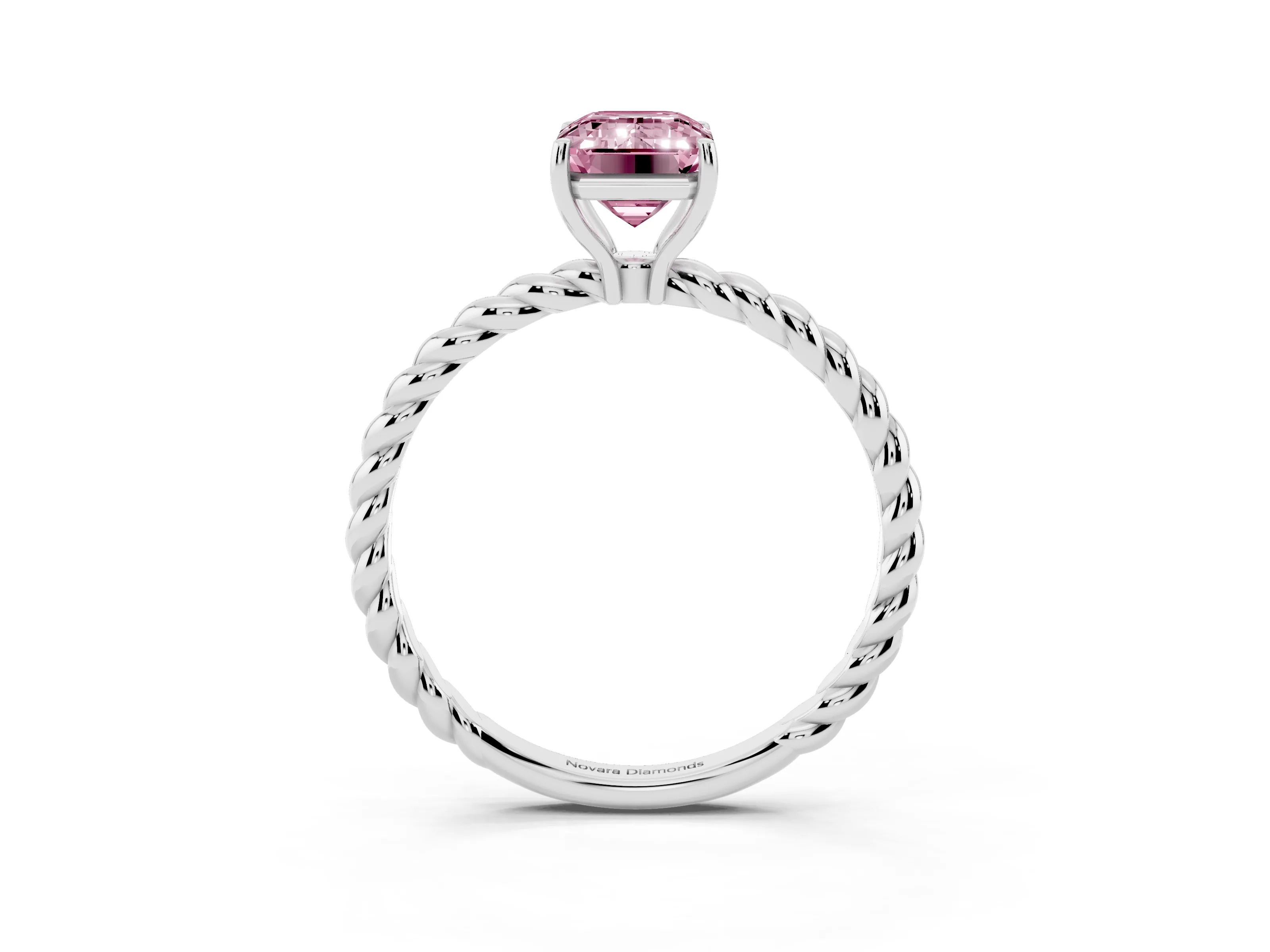 Fancy Pink Emerald Cut Diamond Solitaire Ring Set in White gold with Twist Band and Prong Setting