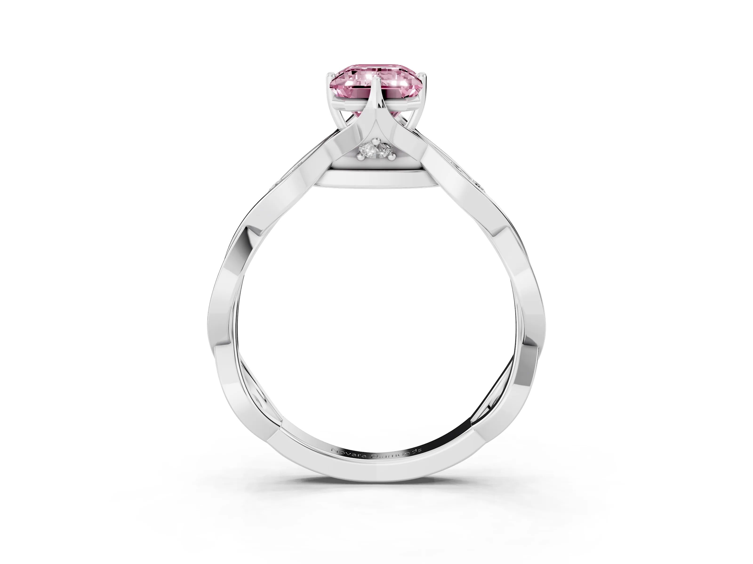 Fancy Pink Emerald Cut Diamond Twist Band Solitaire Ring Set in Platinum with Leaf Prong Setting and Accent Stones