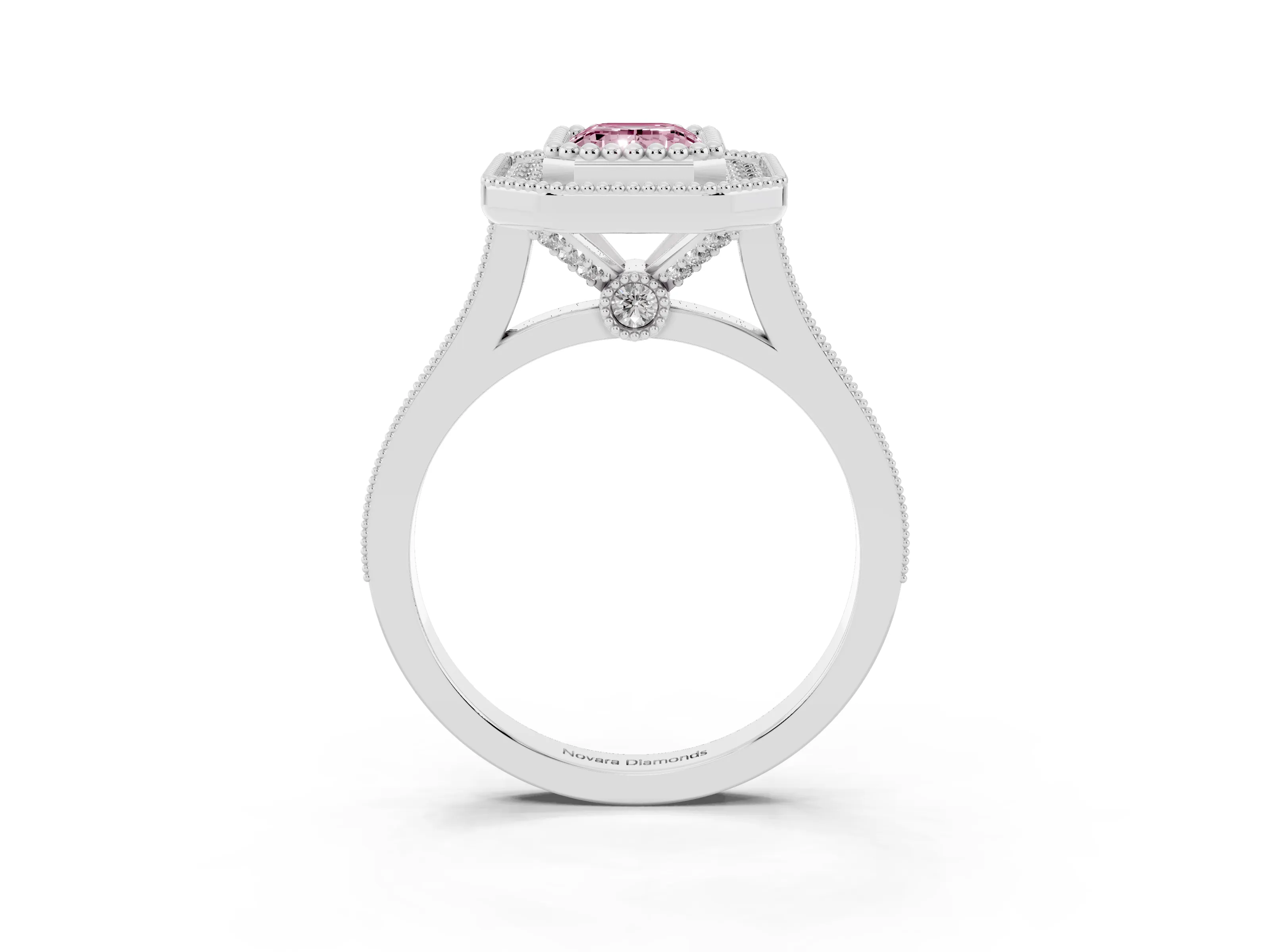 Fancy Pink Emerald Cut Diamond Halo Ring Set in White gold with Milgrain Frame and Pavé Band