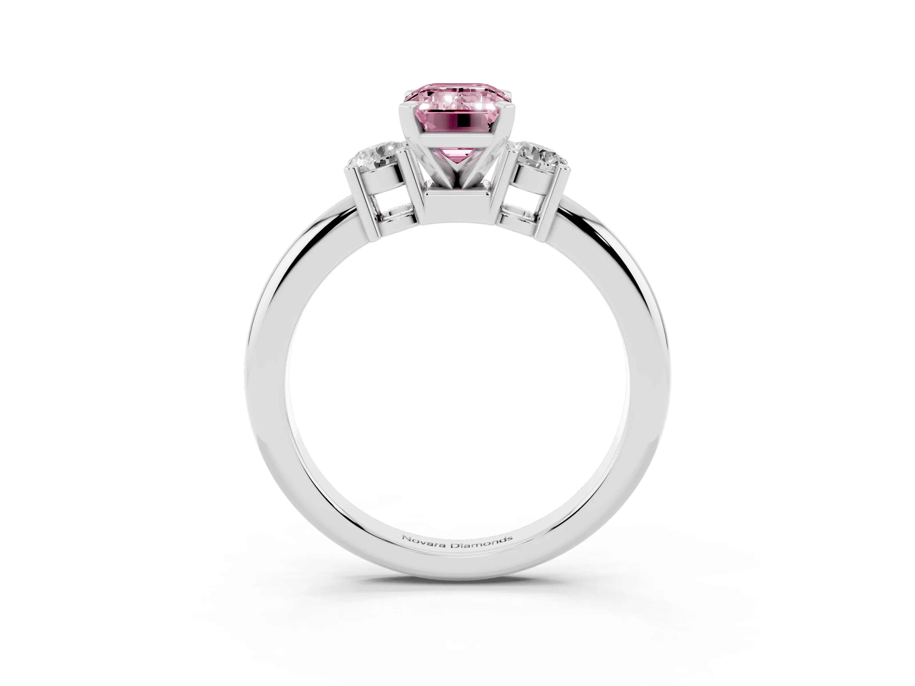 Fancy Pink Three-Stone Emerald Cut Diamond Ring Set in Silver with Prong Setting and Plain Band