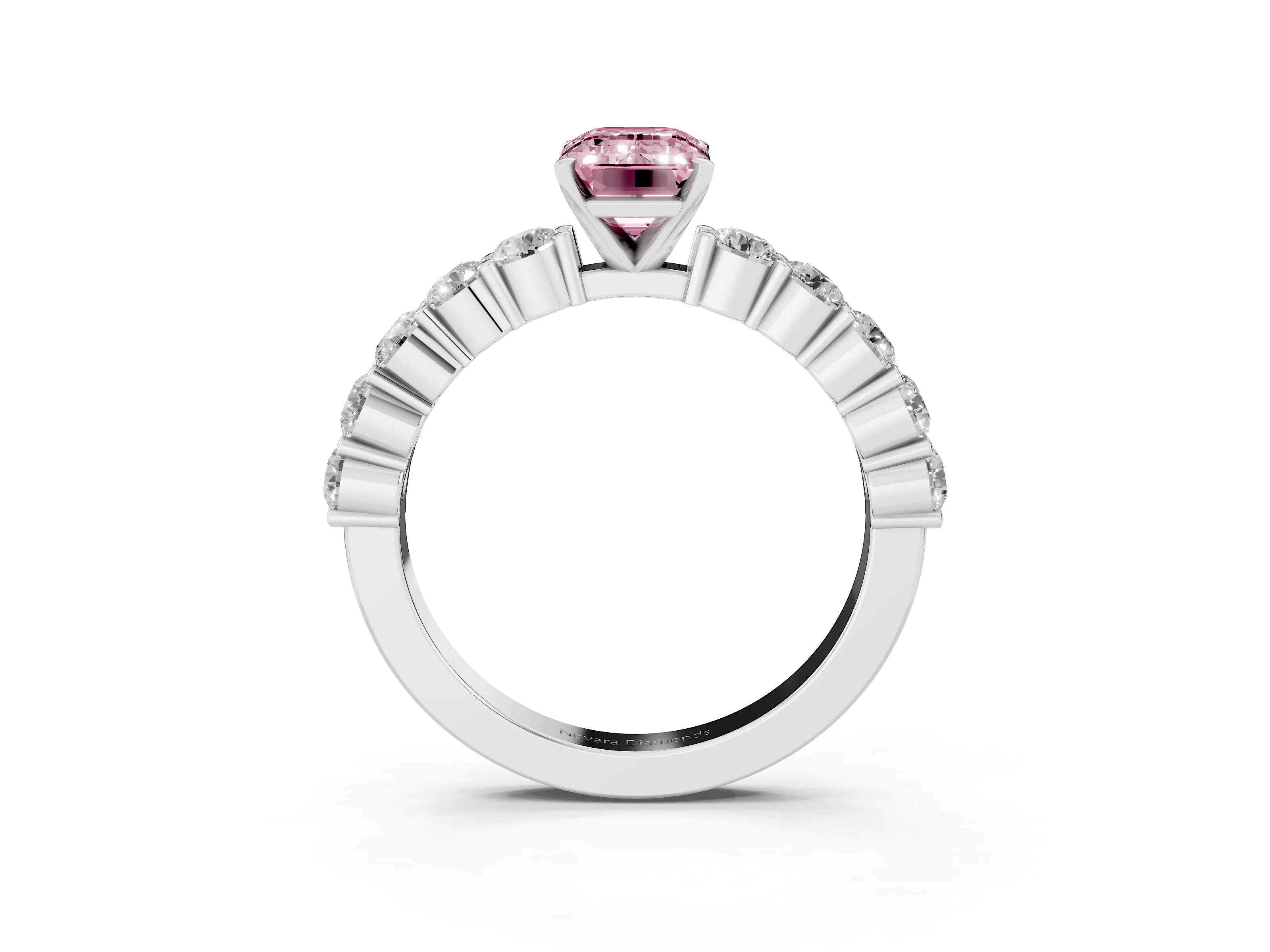 Fancy Pink Emerald Cut Diamond Solitaire Ring Set in Platinum with Shared Prong Round Side Stones