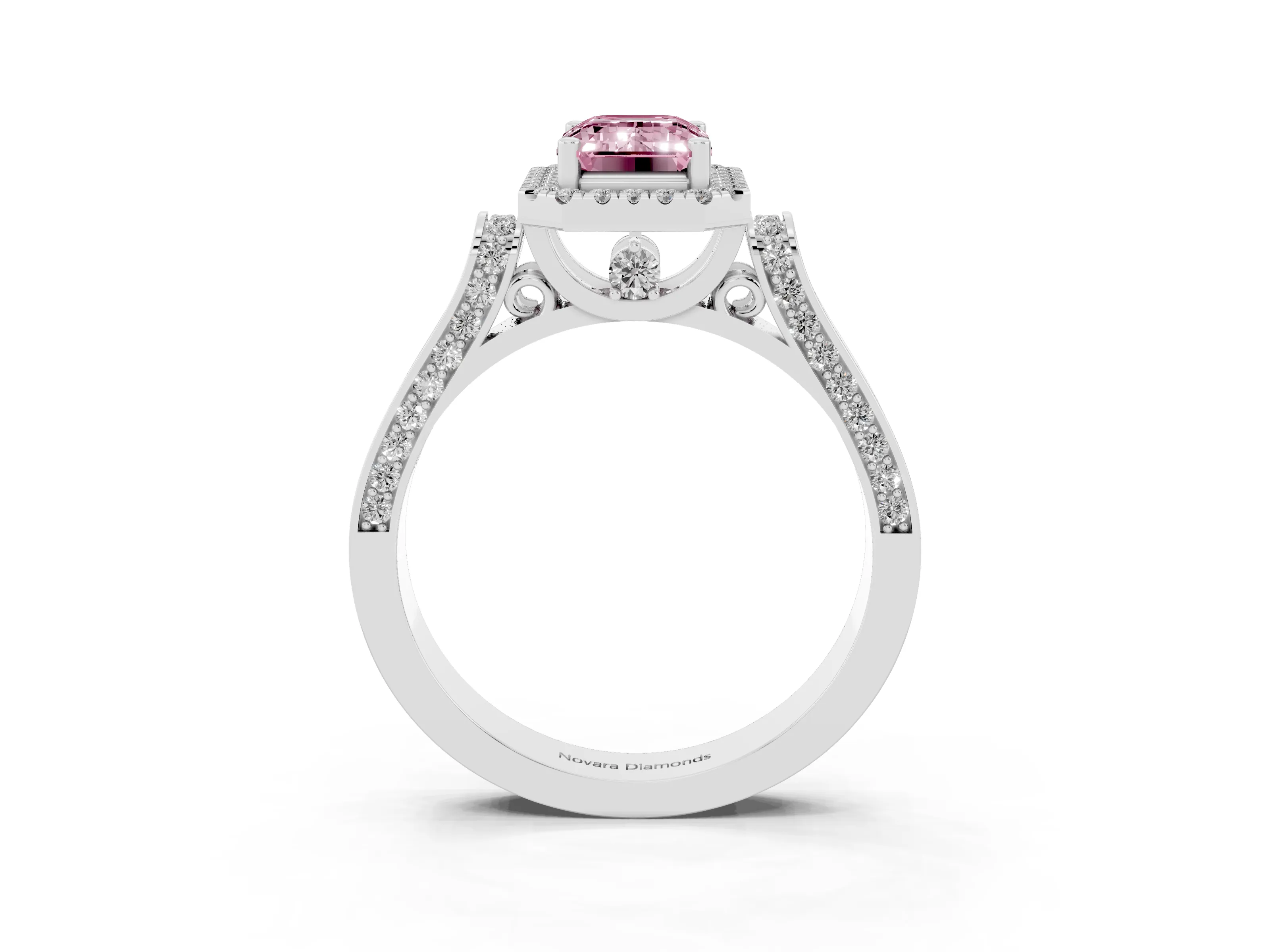 Fancy Pink Emerald Cut Diamond Halo Ring Set in Platinum with Pavé-Lined Split Shank Band