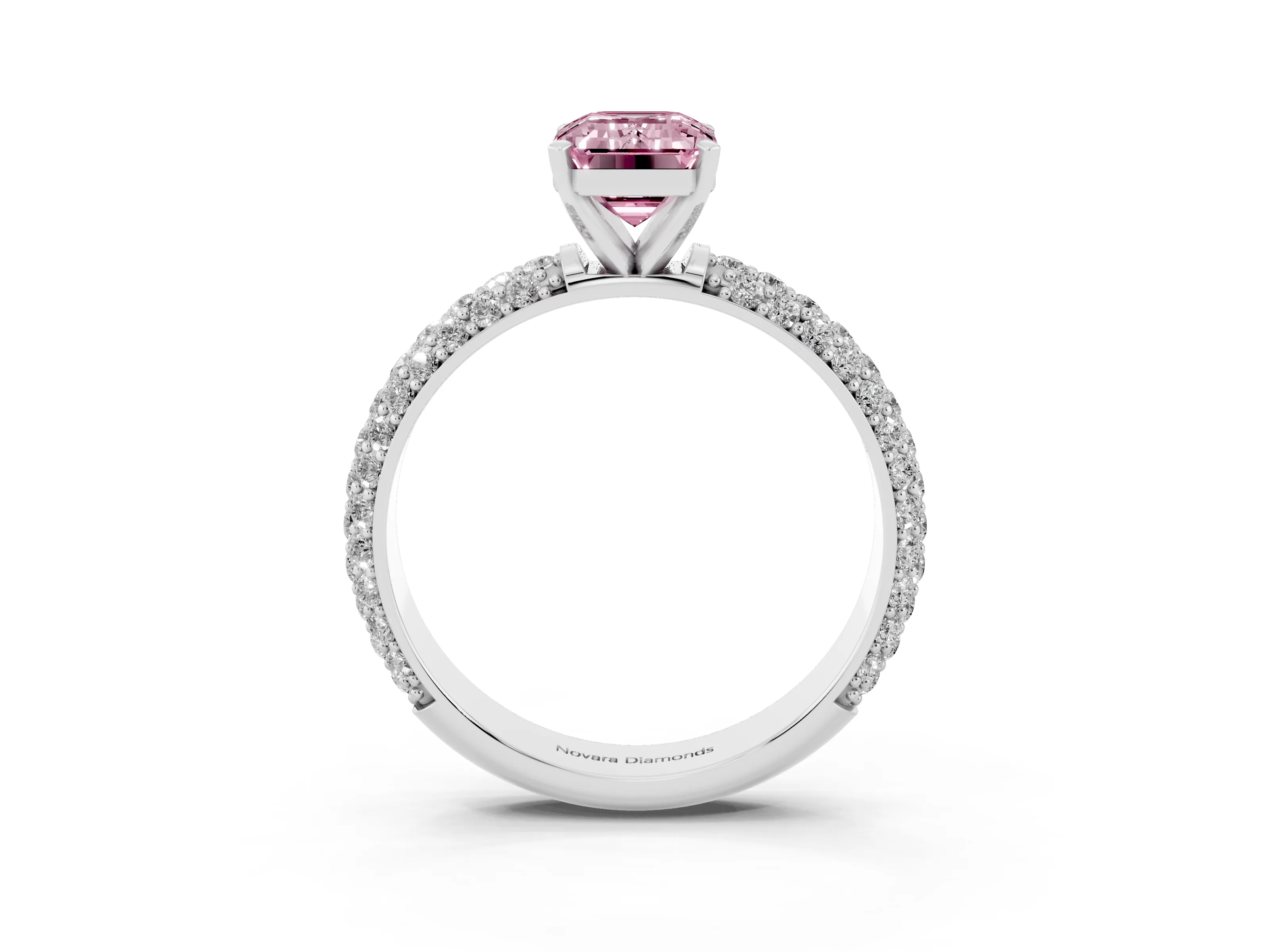 Fancy Pink Emerald Cut Diamond Solitaire Ring Set in Platinum with Prong Setting and Pavé-Set Band