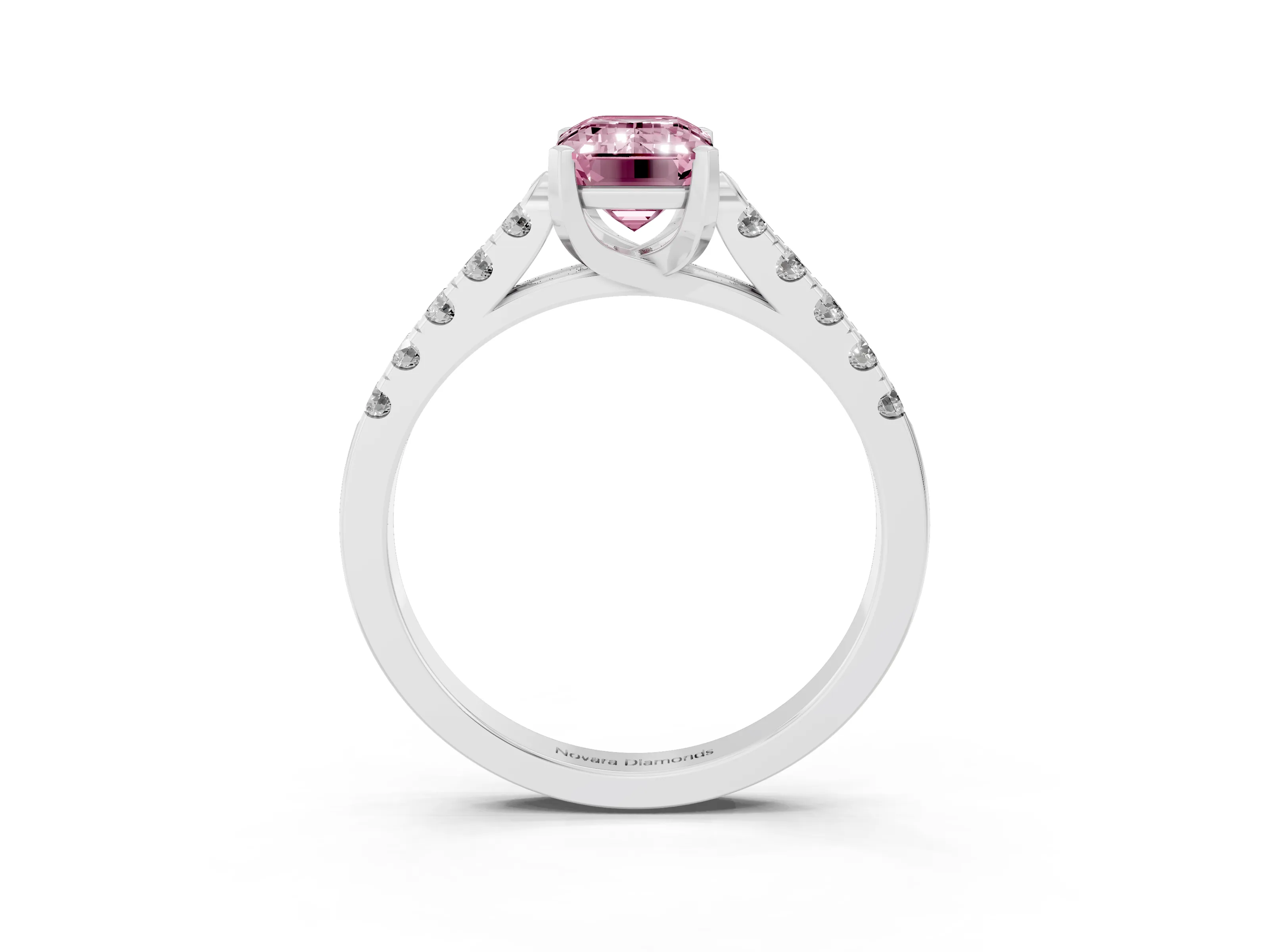 Fancy Pink Emerald Cut Diamond Pavé Band Solitaire Ring Set in White gold with Partway Accent Stones and Prong Setting