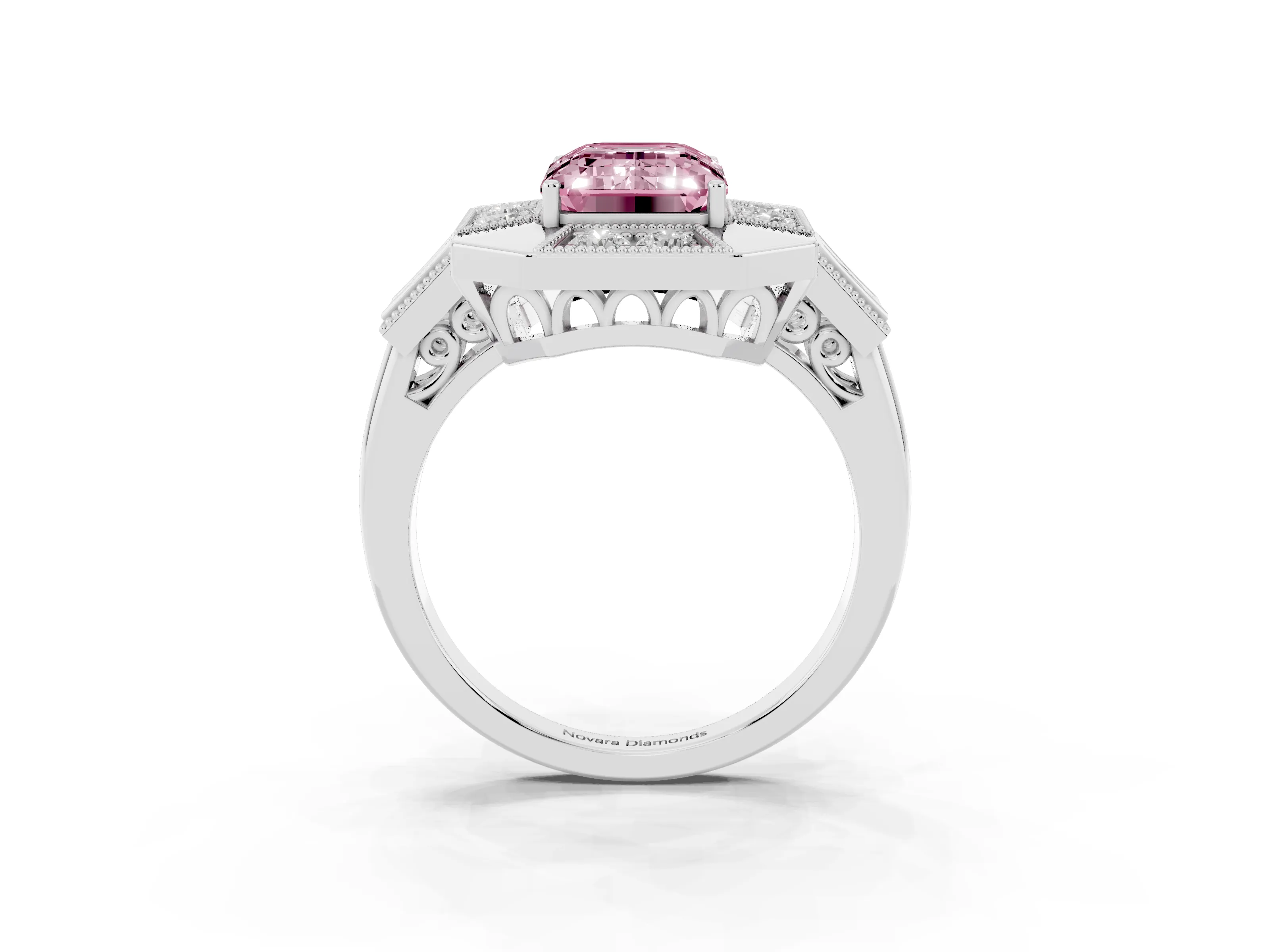 Fancy Pink Emerald Cut Diamond Milgrain Halo Ring Set in Silver with Split Shank