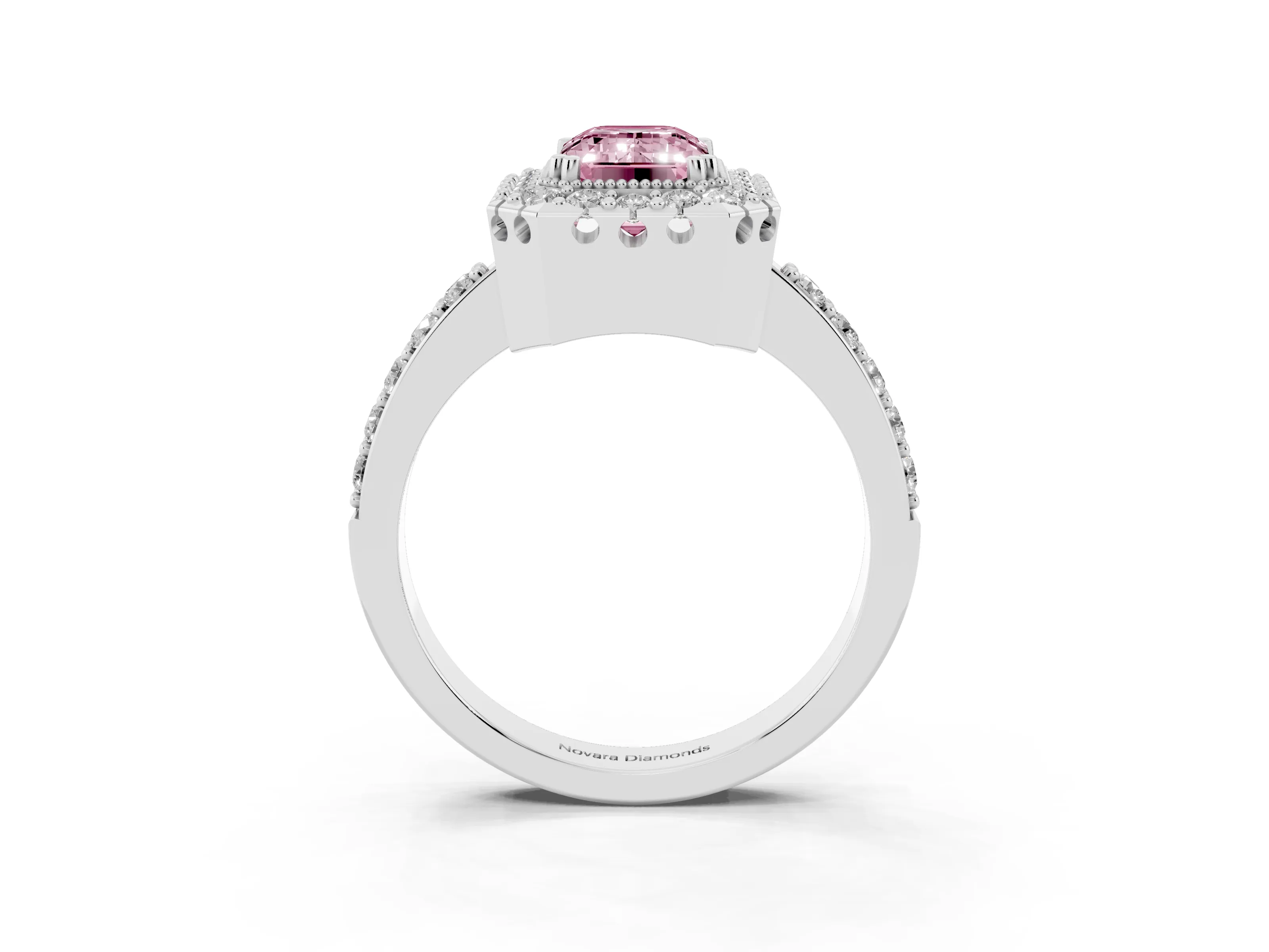 Fancy Pink Emerald Cut Diamond Halo Ring Set in Platinum with Pavé Shank and Prong Setting