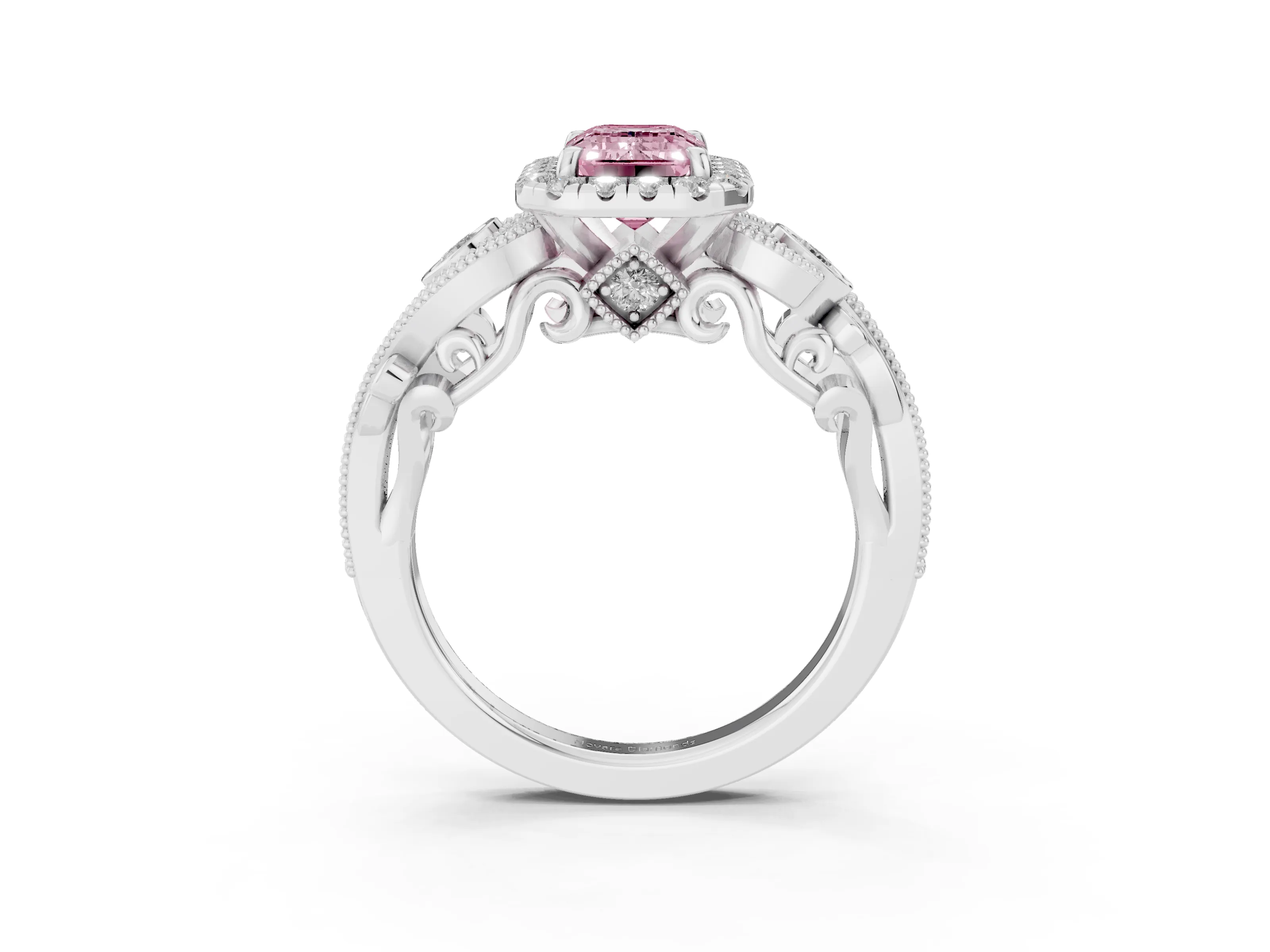 Fancy Pink Emerald Cut Diamond Halo Ring Set in Silver with Milgrain Pavé Band and Prong Setting